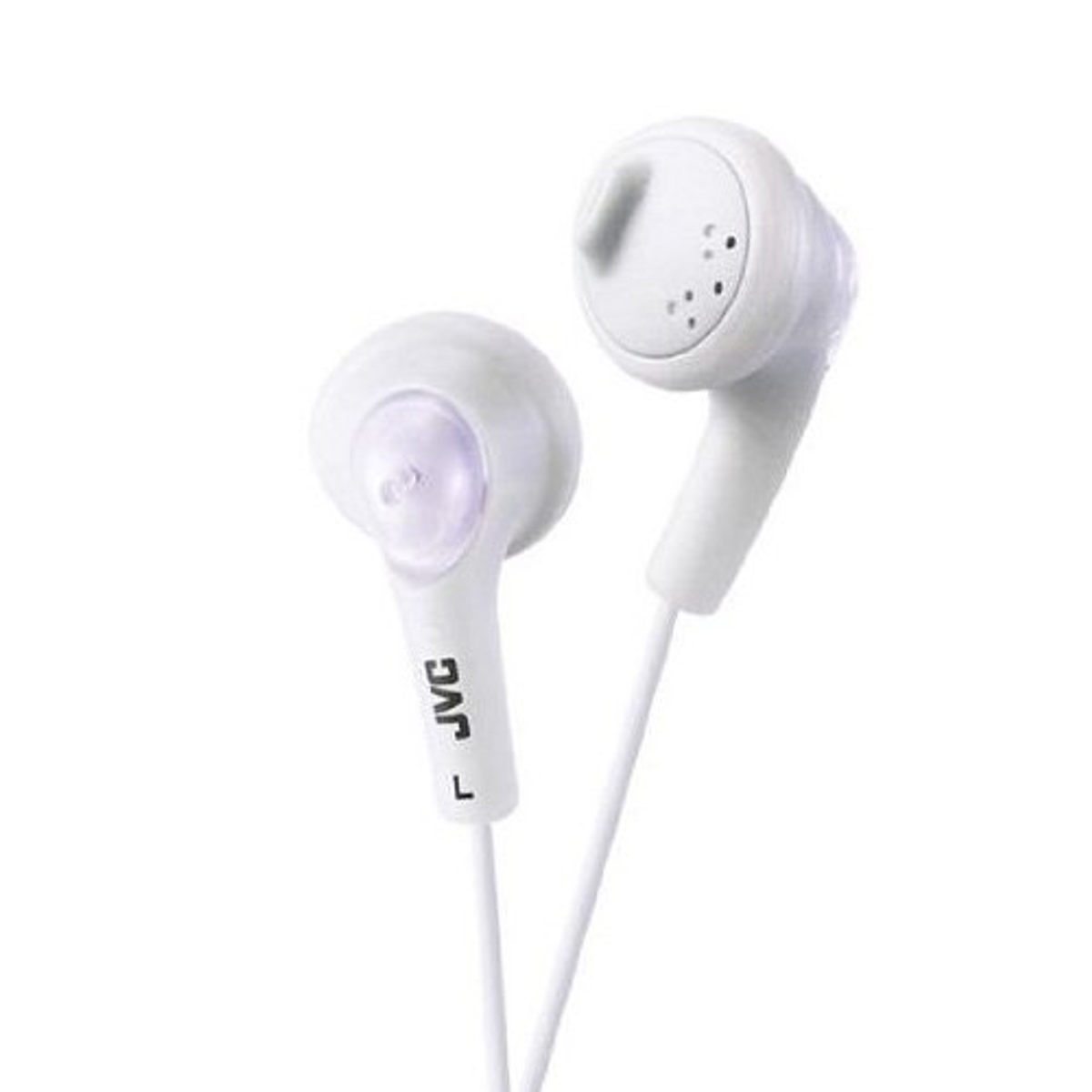 Auricolari JVC bianchi. Gli auricolari hanno un design semplice e arrotondato con il logo JVC visibile.