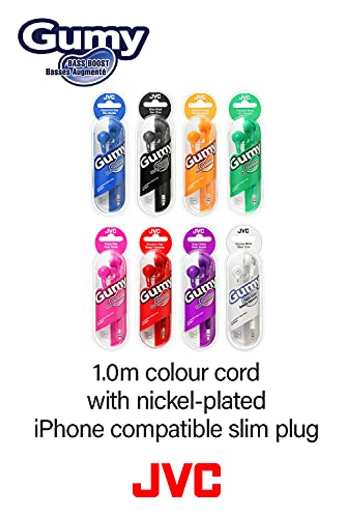 Otto confezioni di cuffie in-ear colorate disposte su due file. Il testo include bass boost e logo JVC.