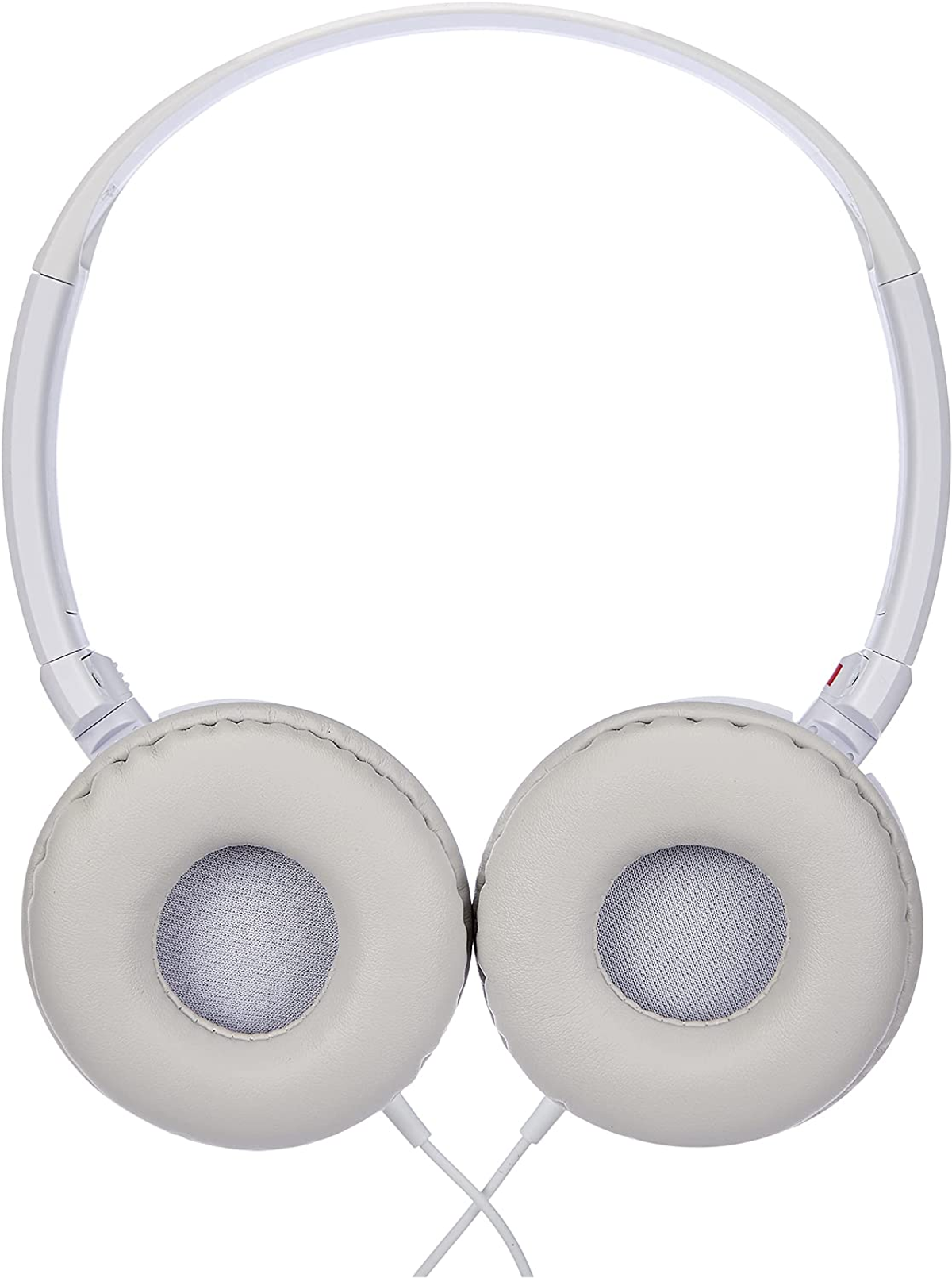 Casque supra-auriculaire blanc avec coussinets et un fil de connexion blanc. Le design est simple.