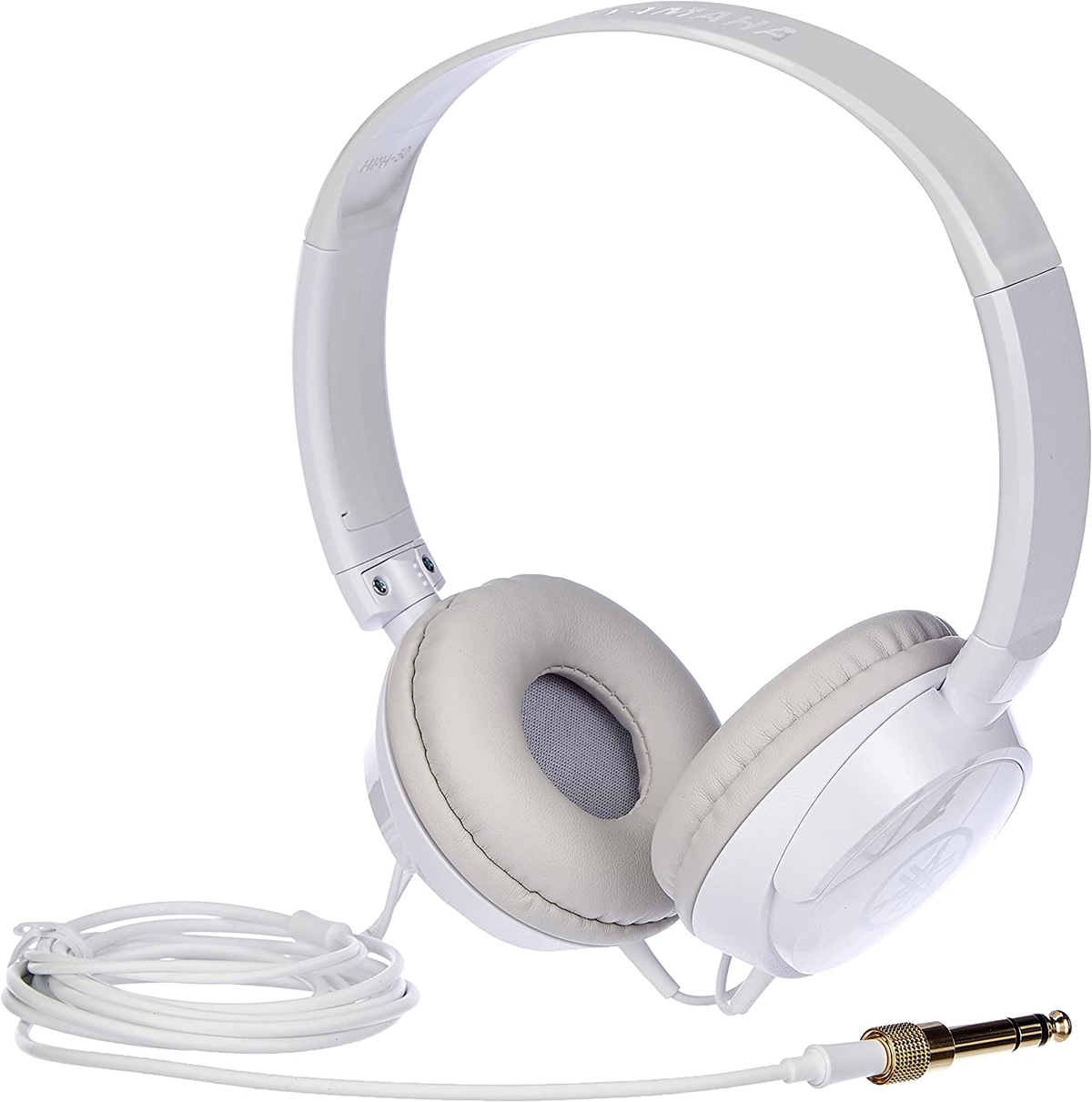 Casque Yamaha blanc avec cordon spiralé et prise dorée.
