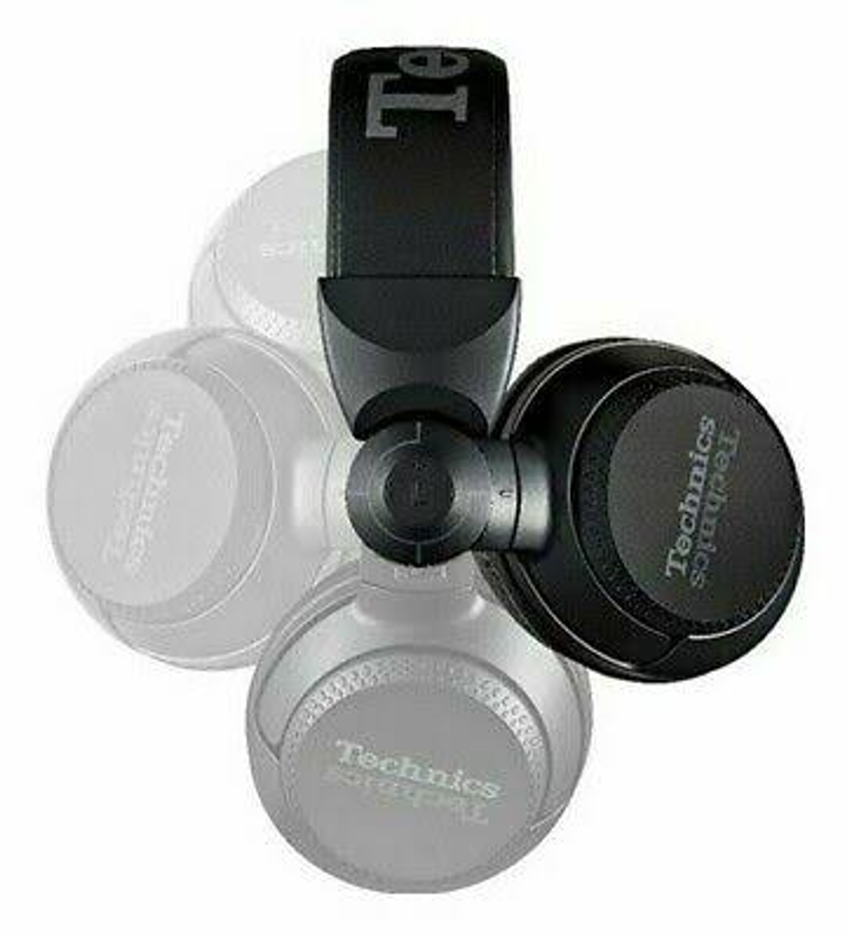 Czarne i srebrne słuchawki z obrotową konstrukcją. Marka to Technics.