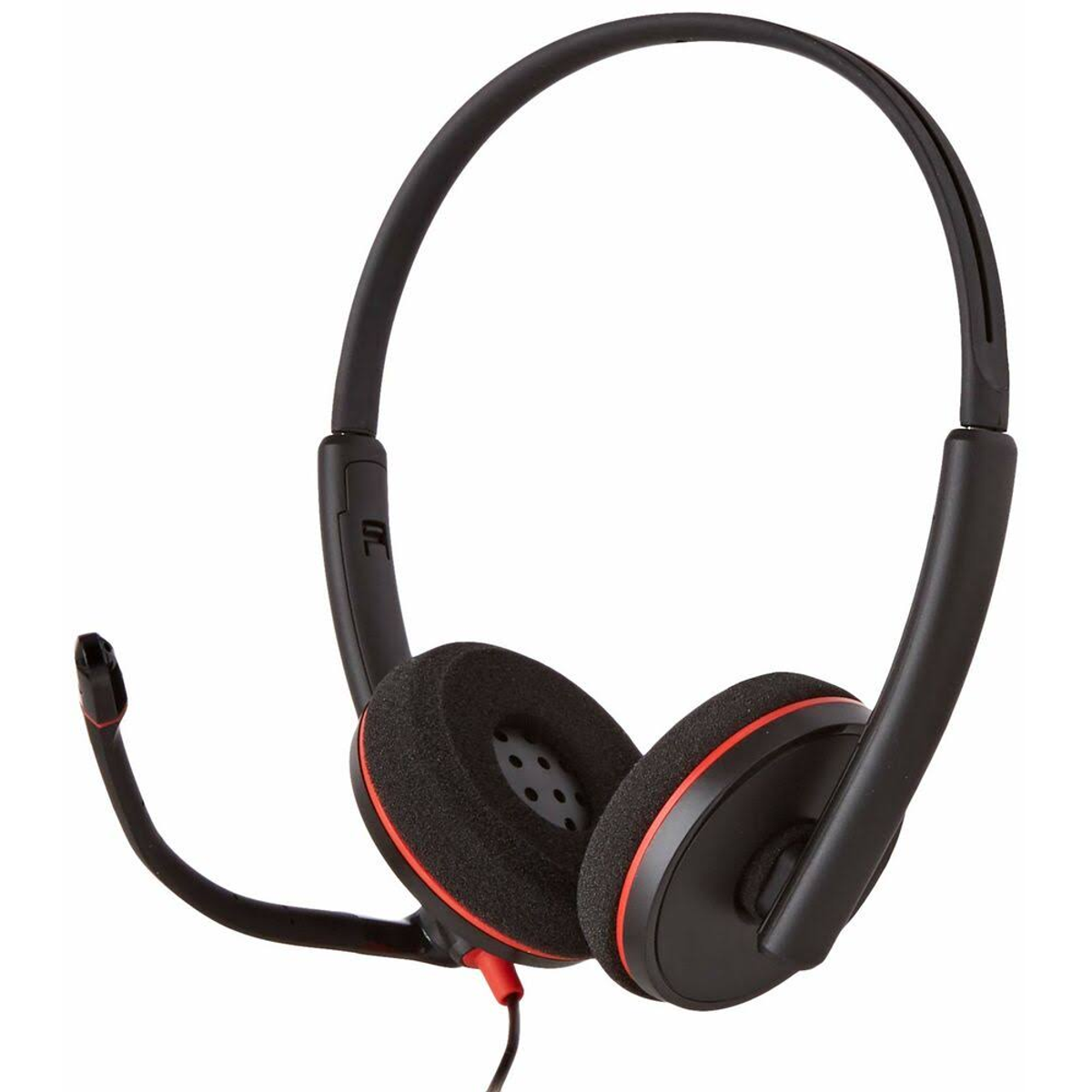 Auriculares negros con detalles rojos, incluyendo alrededor de los auriculares y en el micrófono.