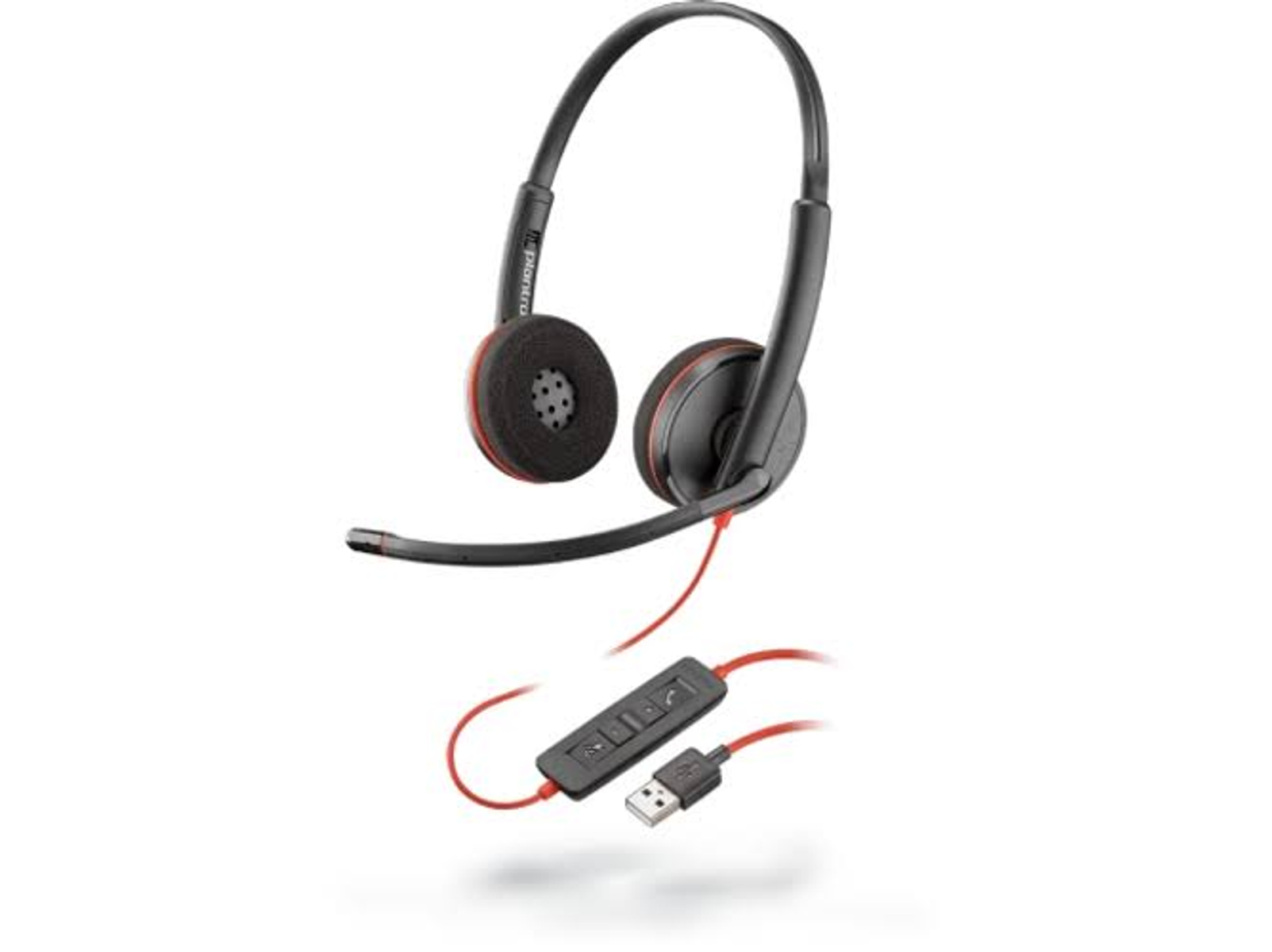 Auriculares negros con micrófono y conector USB. Los auriculares tienen detalles rojos en los auriculares.