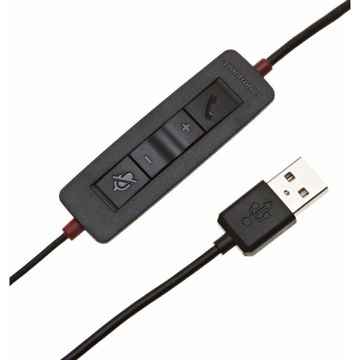 Cable USB negro con panel de control. Botones para silencio, volumen y llamada.
