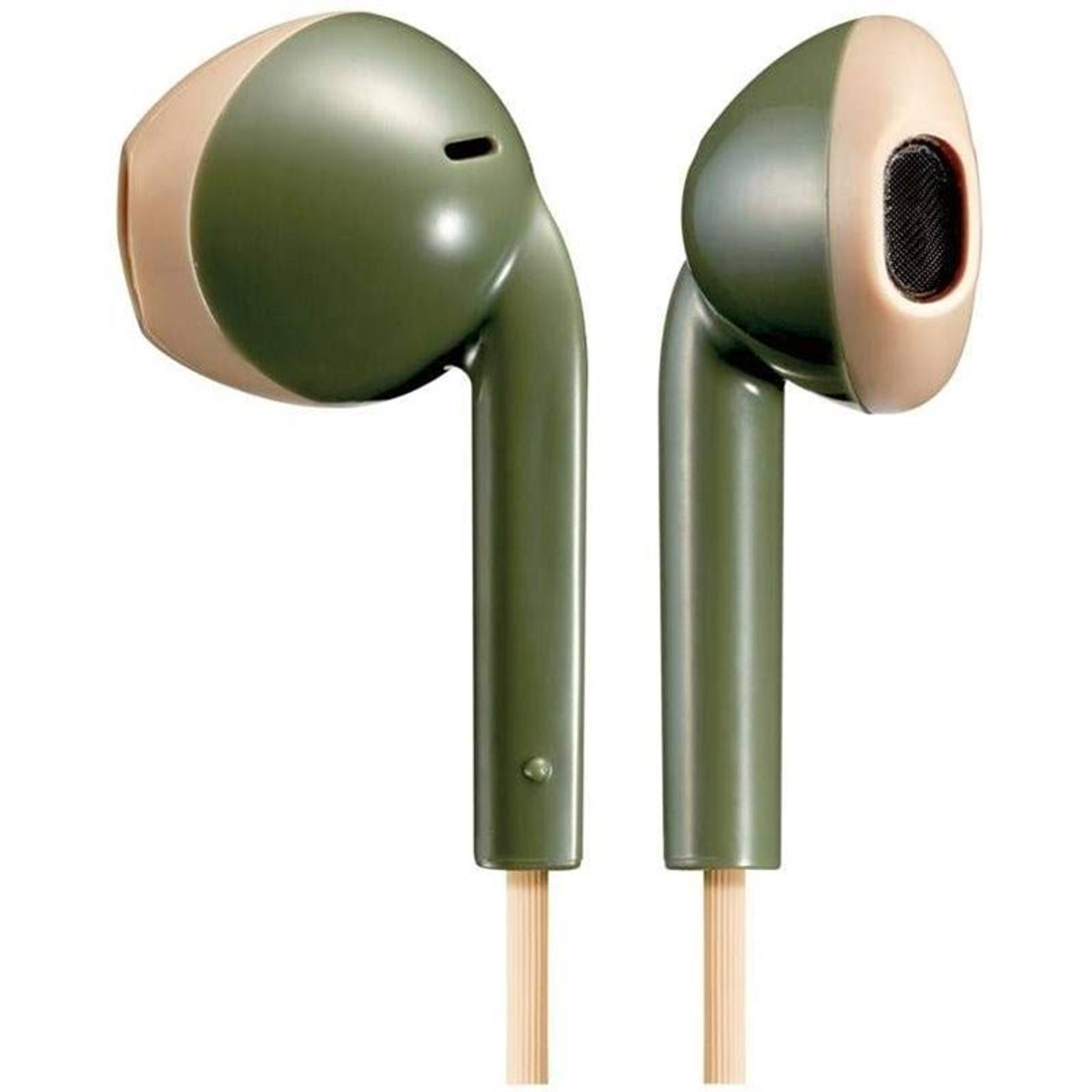 Vengono mostrate due auricolari verde oliva. Hanno un guscio esterno beige e un cavo di colore chiaro.
