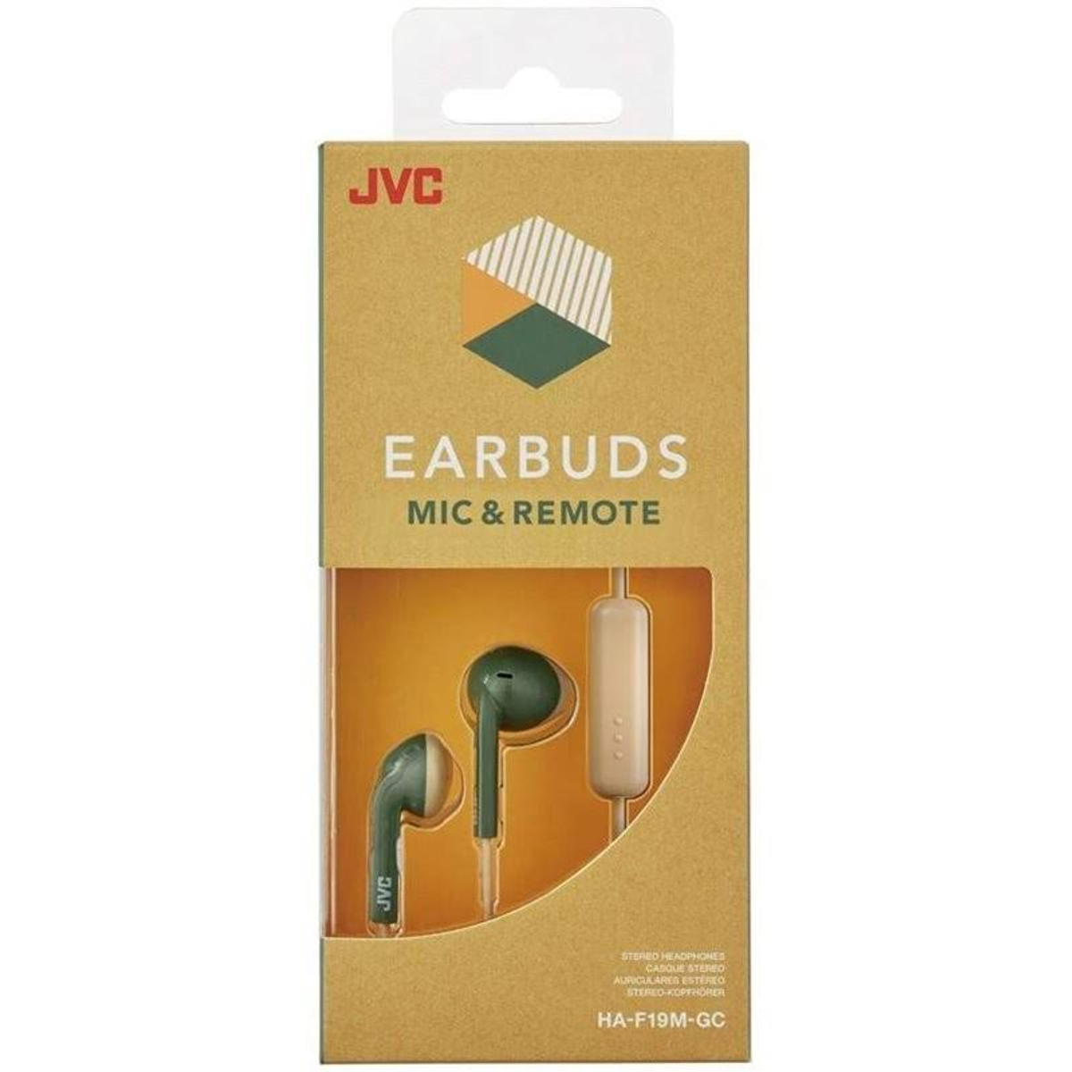 Auricolari JVC in una scatola con testo, auricolari verdi e un telecomando.