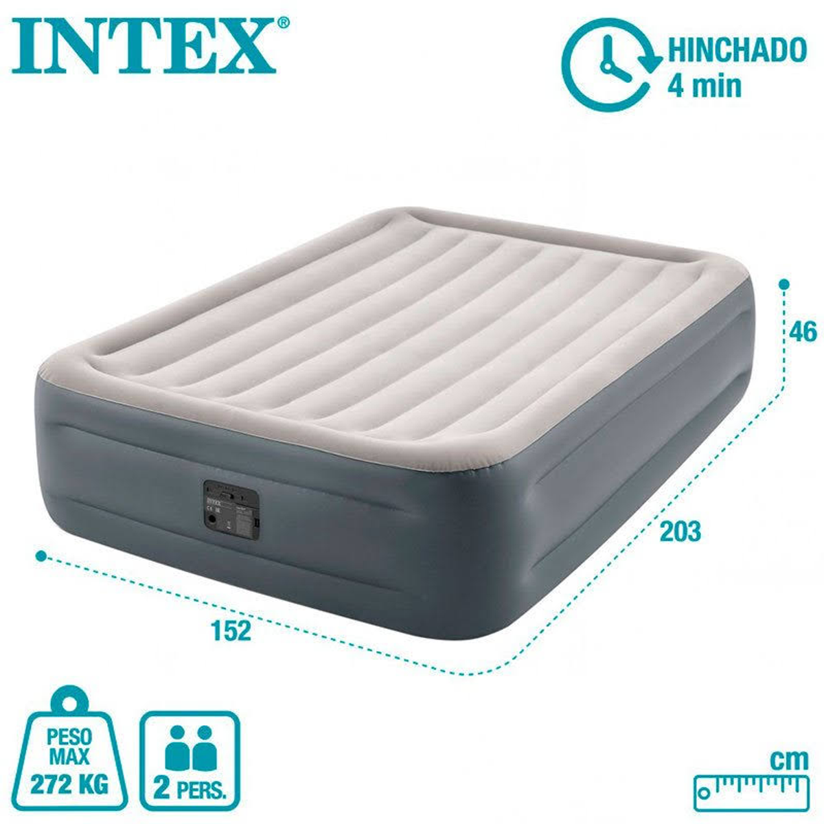 Materasso ad aria gonfiabile, grigio e grigio scuro, con dimensioni e icone.