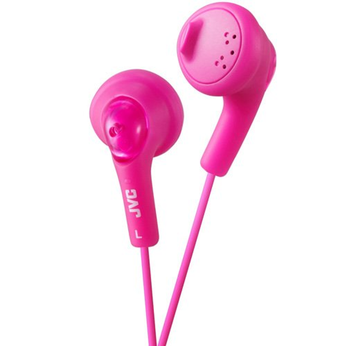 Cuffie in-ear rosa. Rosa acceso. Logo JVC sul lato. Isolato su sfondo bianco.