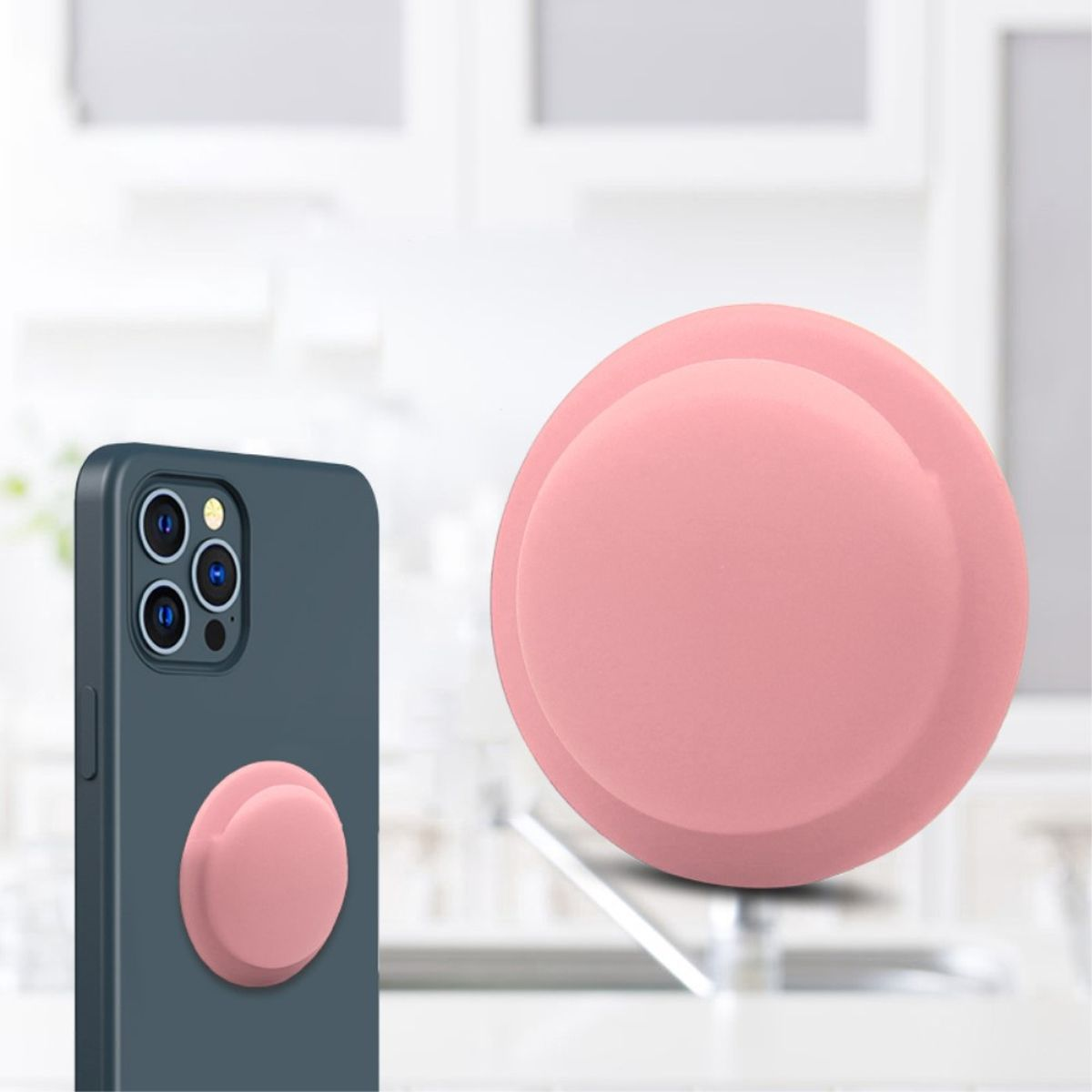 Eine Handyhülle mit einem rosa Kreis und einem Telefon.