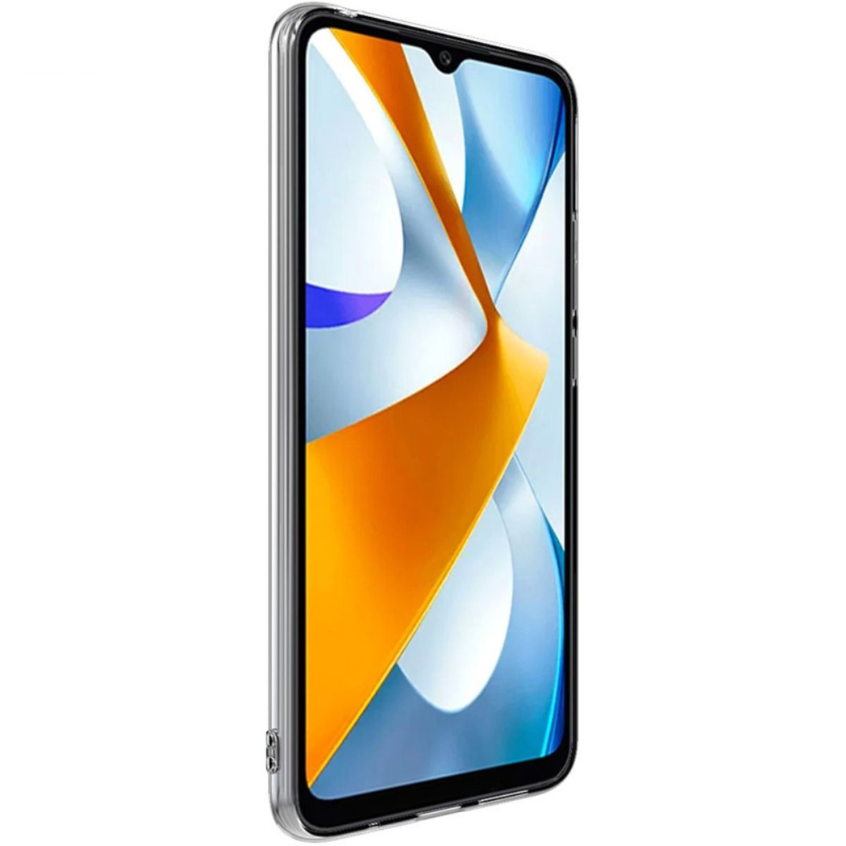 Telefon in einer transparenten Hülle. Display zeigt ein farbenfrohes abstraktes Bild. Weißer Hintergrund.