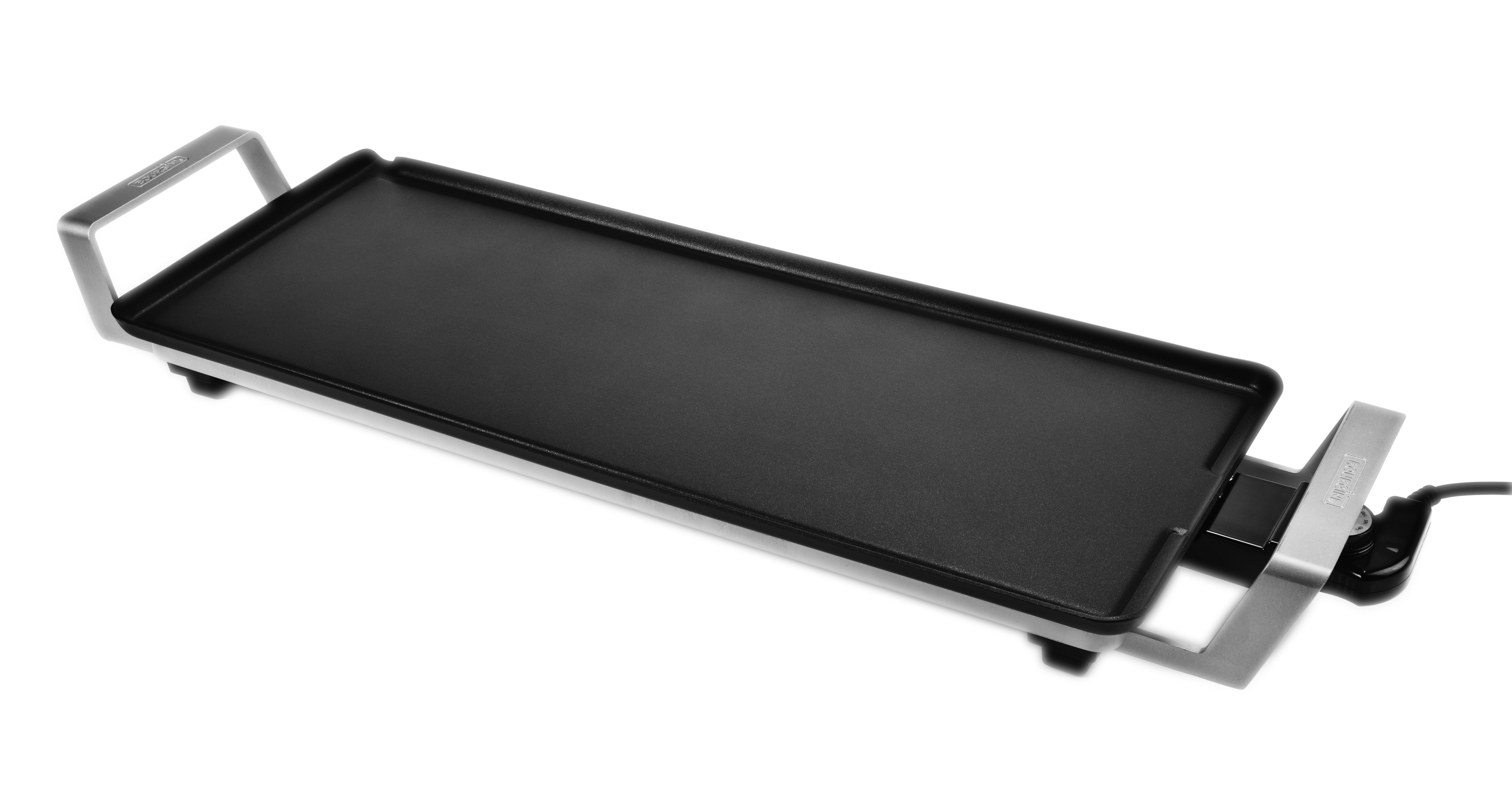 An electric griddle on a white background. It has a black cooking surface, a silver frame, and handles.