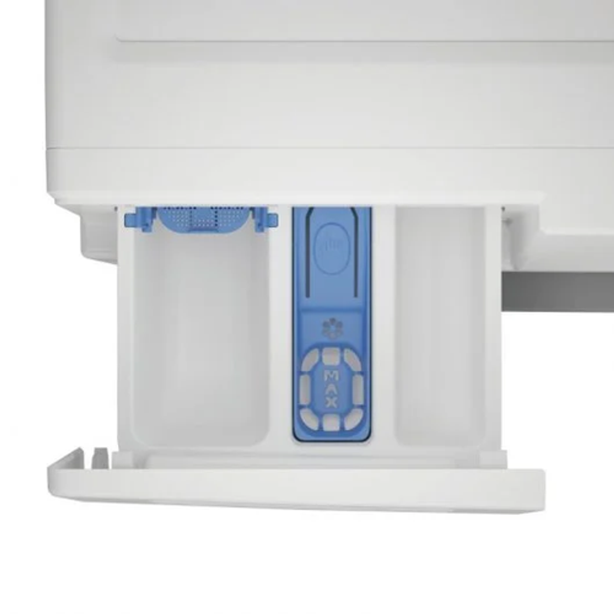 Cajón de detergente de lavadora blanco con compartimentos y etiquetas azules.