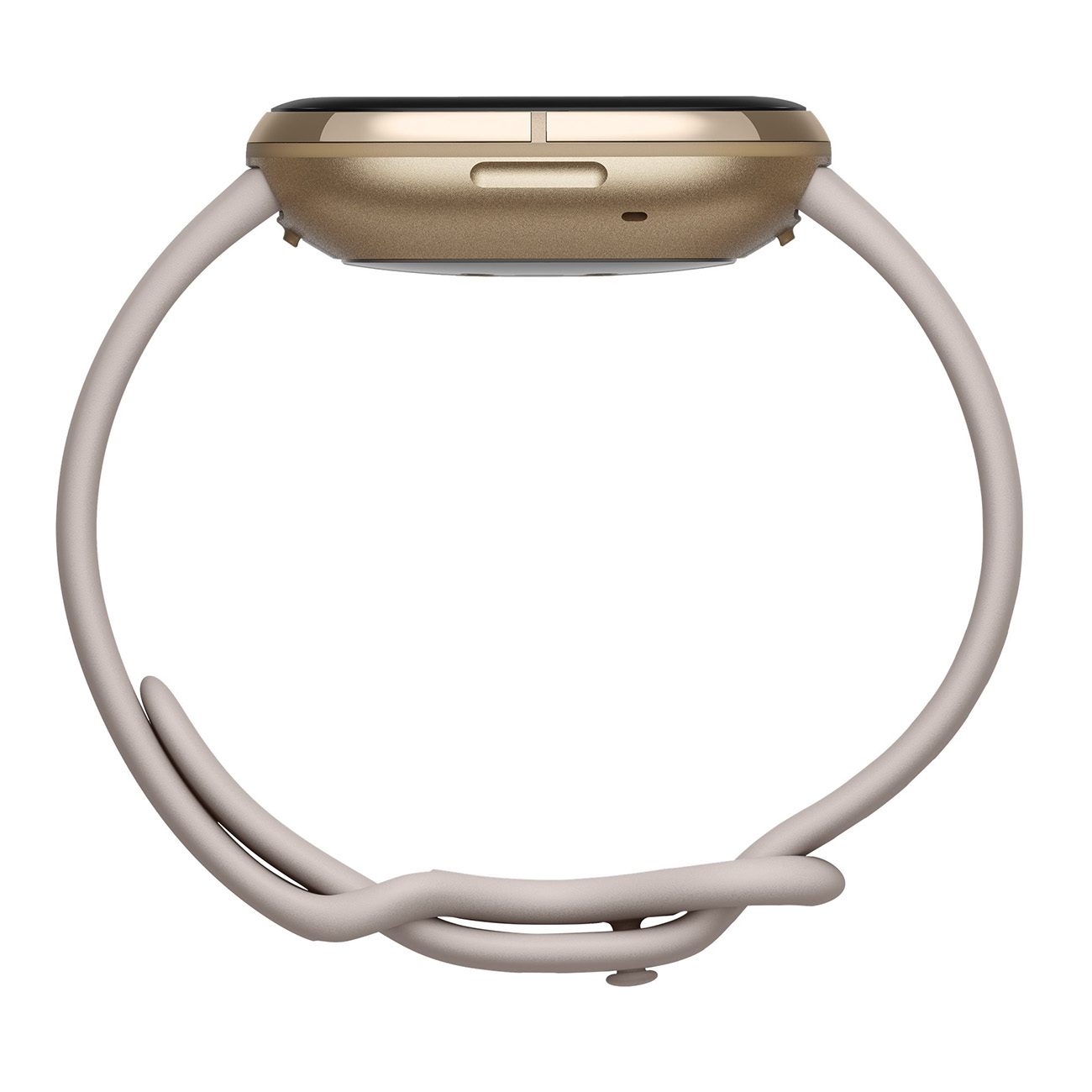 Eine Smartwatch mit hellgrauem Armband auf weißem Hintergrund. Das Zifferblatt ist goldfarben.