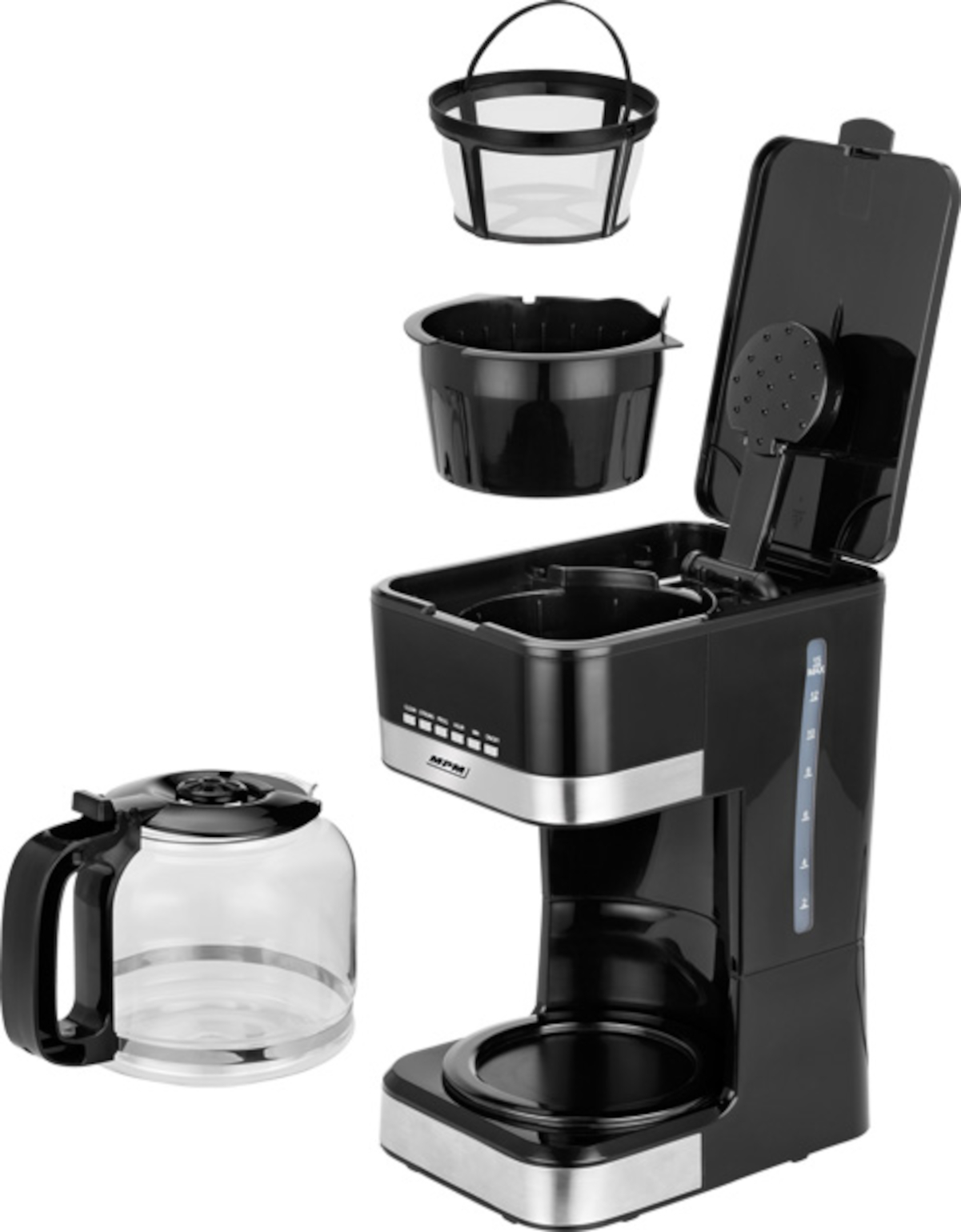 Cafetera negra con jarra de vidrio y componentes de filtro.