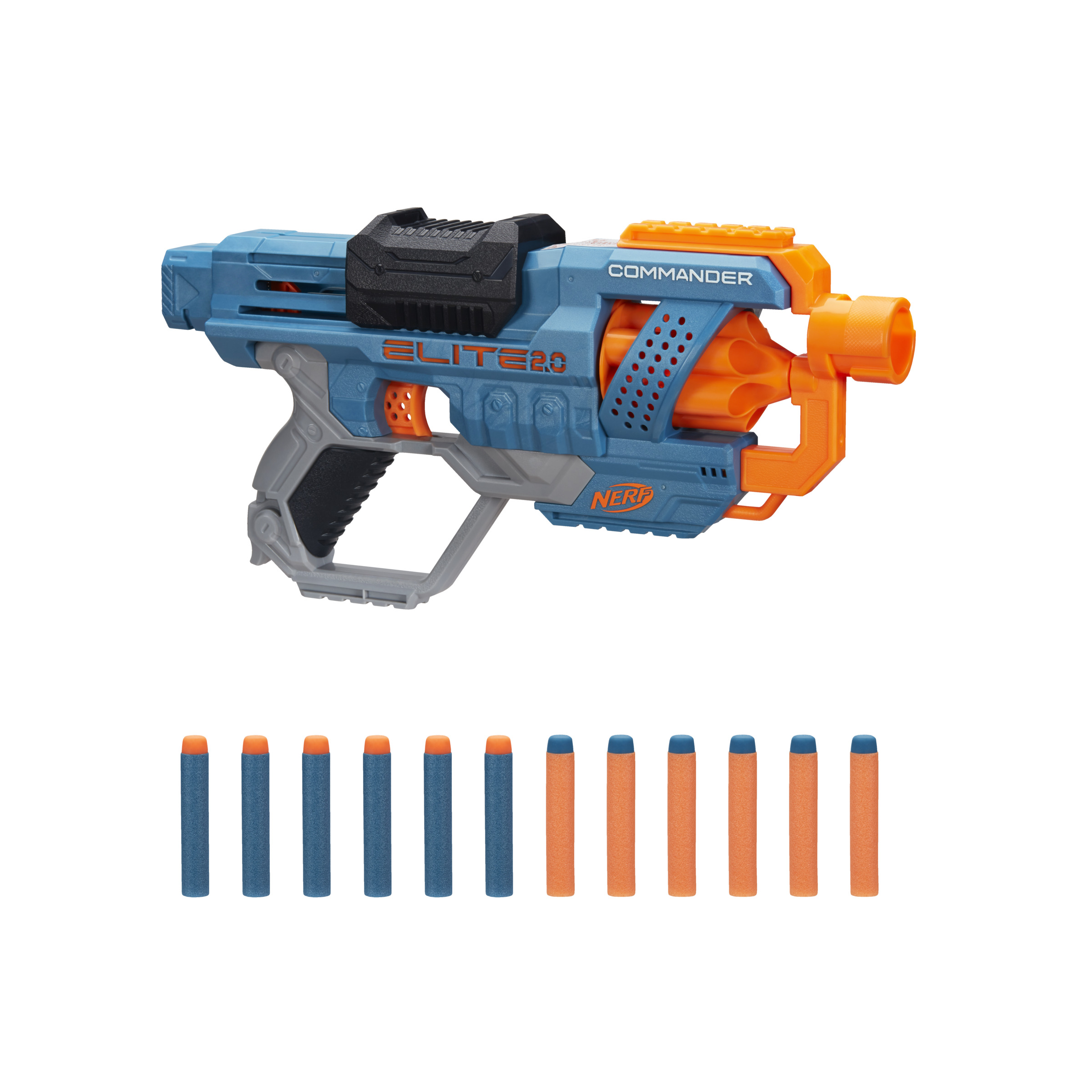 Blau-orange Spielzeugpistole mit Darts. Weißer Hintergrund.