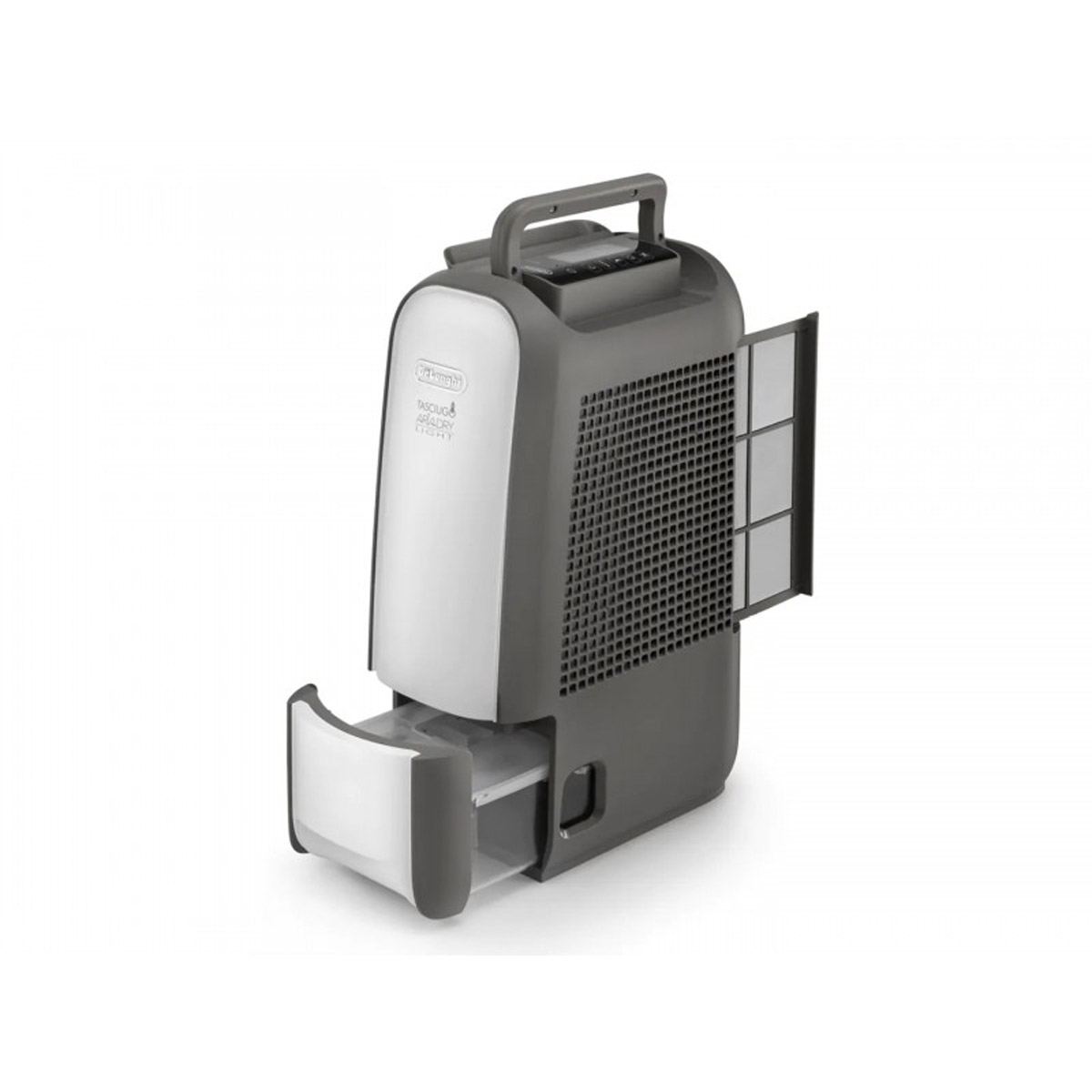 Biały i szary osuszacz z uchwytem i wysuwaną szufladą na zbiornik wody.