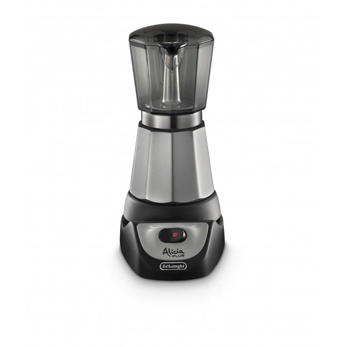 Elektryczny ekspres do kawy. Jest srebrny i czarny, z przezroczystą górą i czerwonym przyciskiem.