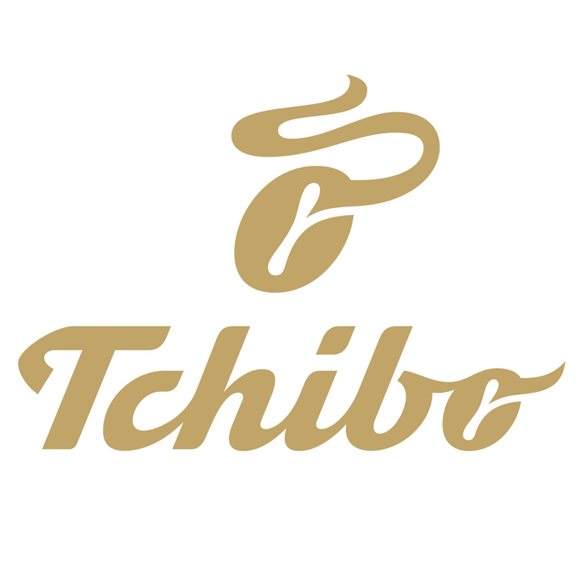 Das Tchibo-Logo in Gold auf weißem Hintergrund. Das Logo ist ein stilisiertes T und eine Windung.