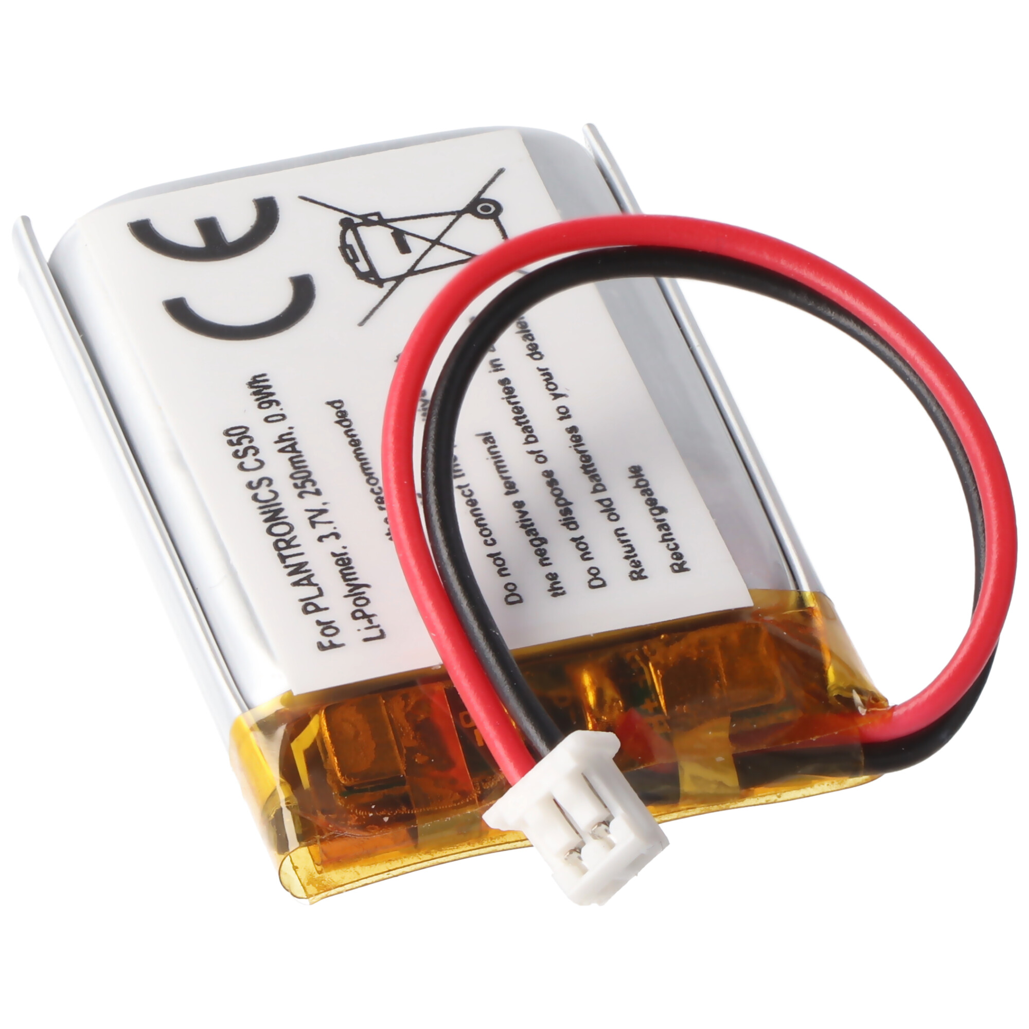 Eine kleine Batterie mit roten und schwarzen Drähten und einem weißen Stecker.