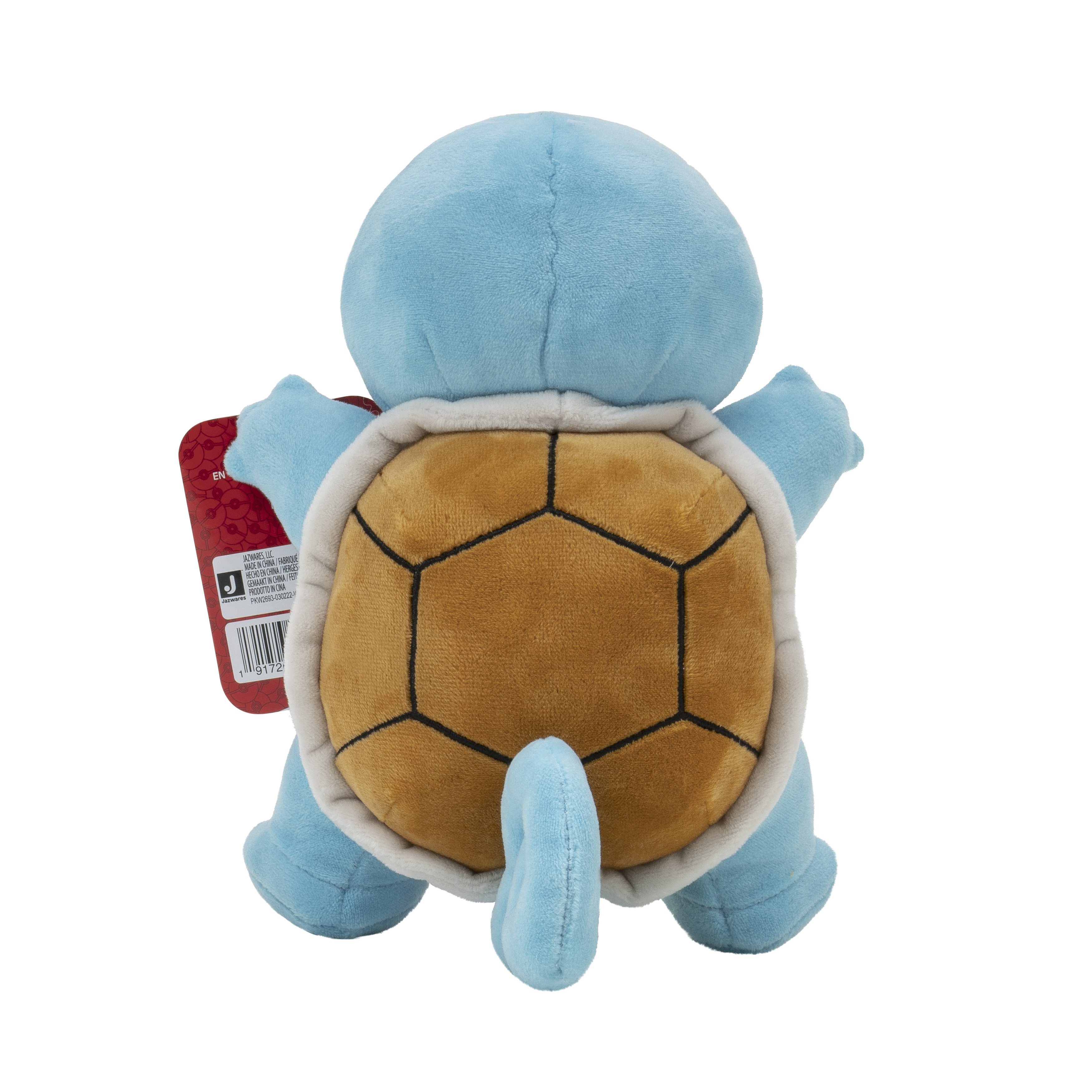 Squirtle-Plüschtier von hinten. Hellblauer Körper, brauner Panzer und Etikett an der Seite.