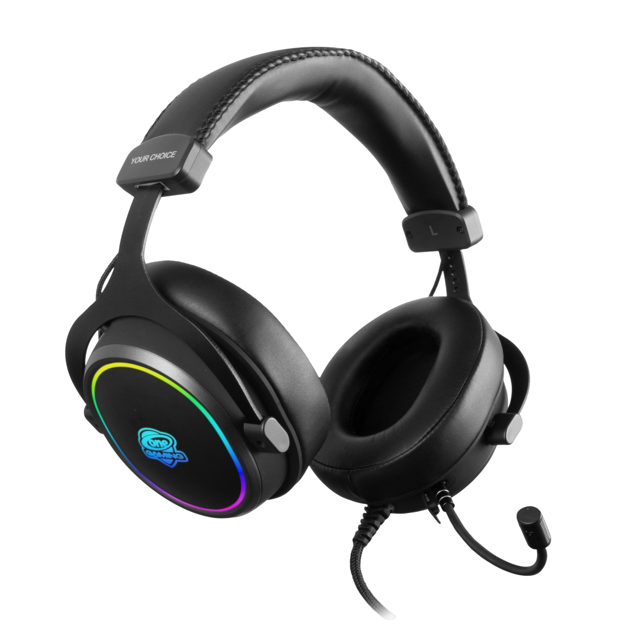 Schwarze Gaming-Kopfhörer mit Mikrofon und RGB-Beleuchtung an den Ohrmuscheln.
