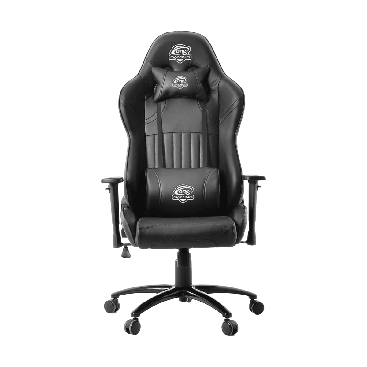 Schwarzer Gaming-Stuhl mit Logo auf Kopfstütze und Kissen.