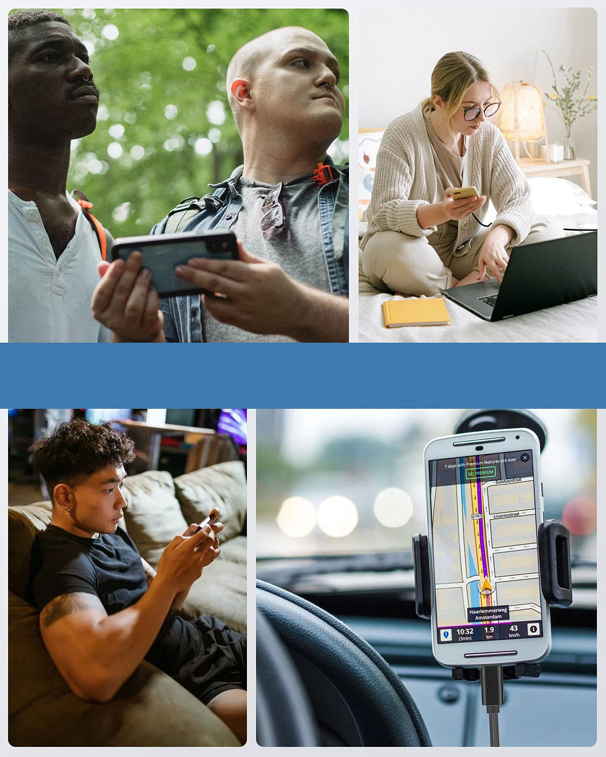 Cztery zdjęcia osób korzystających z telefonów: na zewnątrz, w pomieszczeniach, w domu i w samochodzie.
