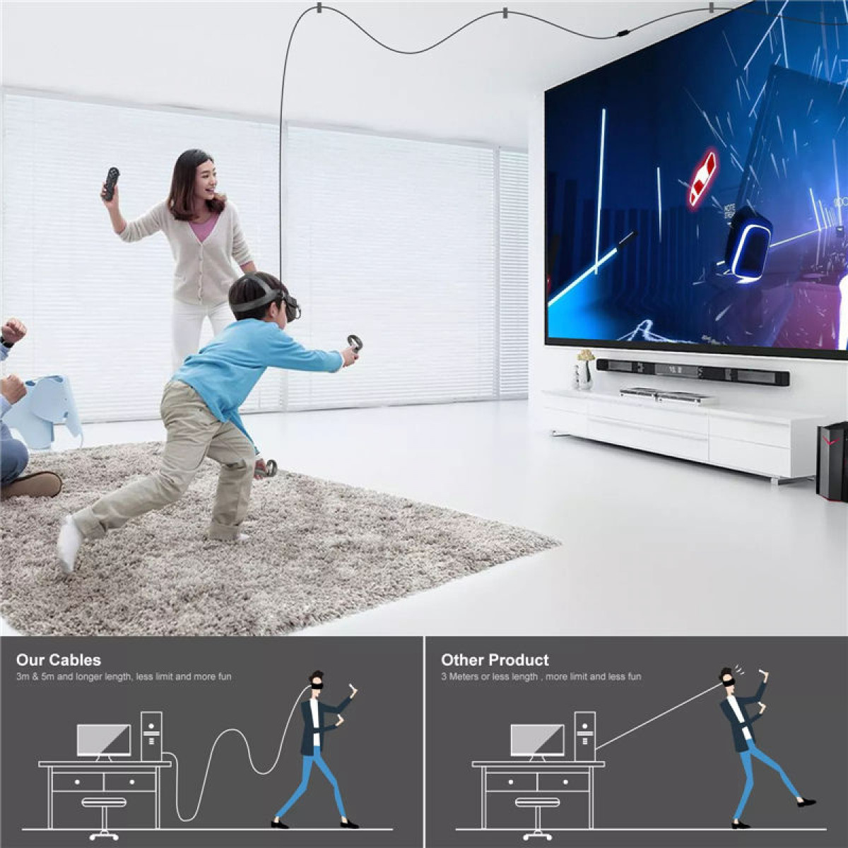 Familie spielt VR-Spiele. Junge mit VR-Headset im Zentrum. Bildschirm zeigt VR-Spiel.