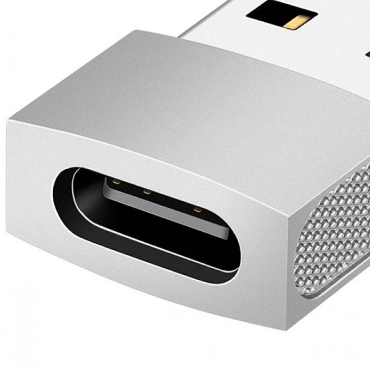 Srebrny adapter USB-C, z bliskim widokiem złącza.