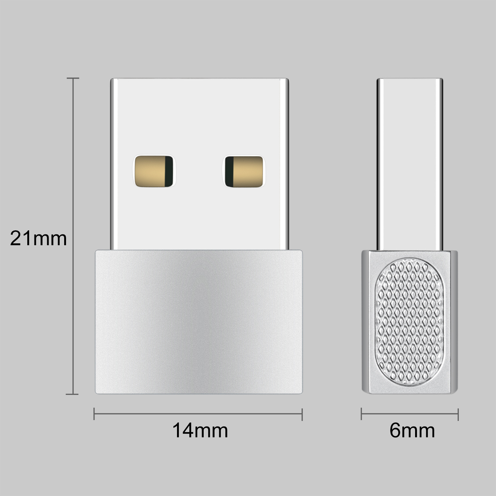 Srebrny adapter USB z wymiarami.
