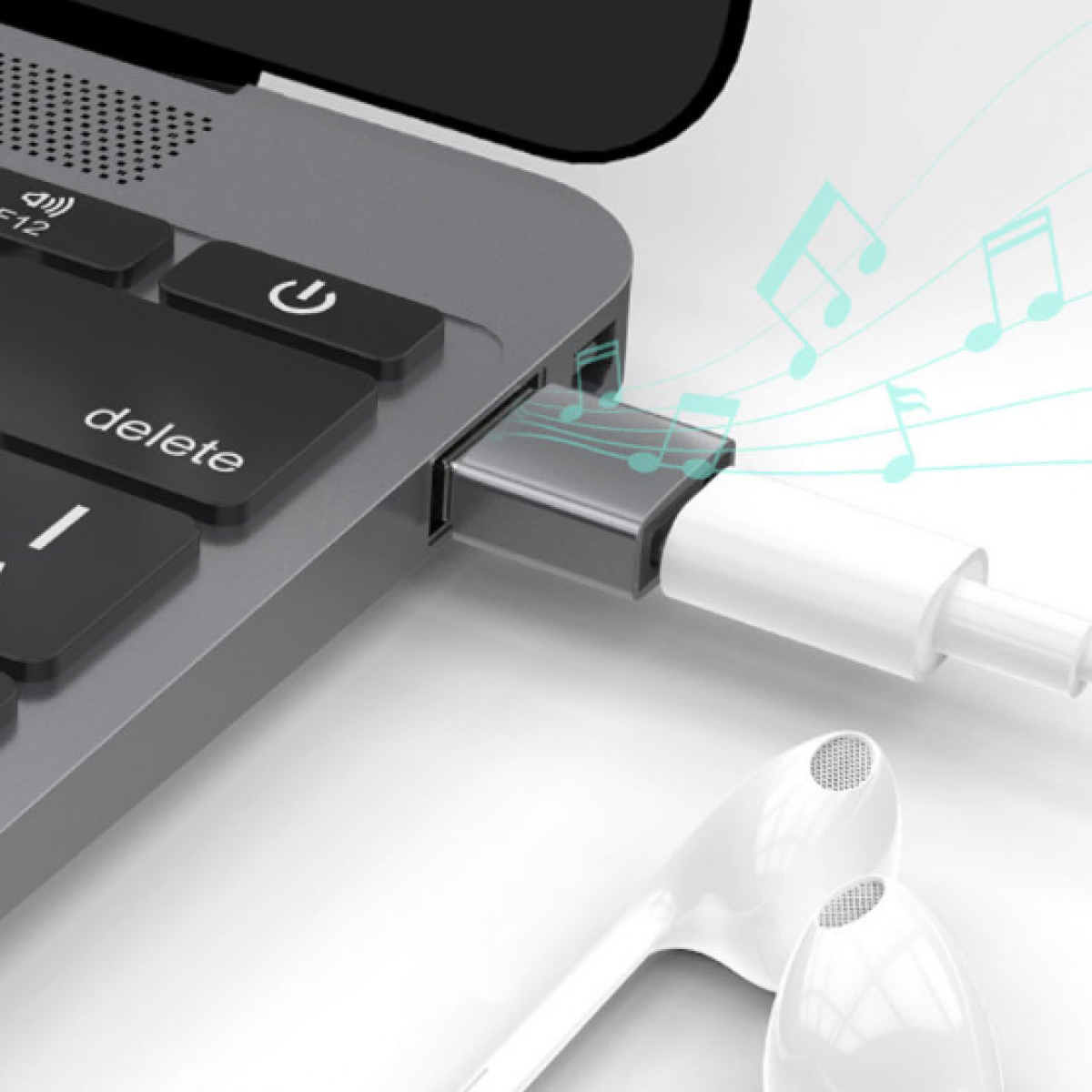 Port USB laptopa ma włożony adapter USB-C. Słuchawki są podłączone, a wokół unoszą się nuty muzyczne.