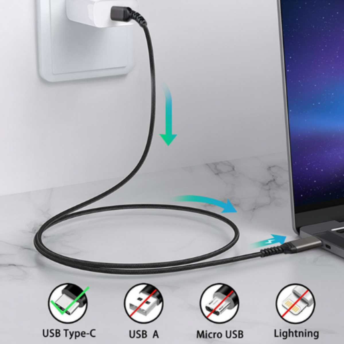 Ein Ladekabel mit USB Type-C, USB A, Micro USB und Lightning-Anschlüssen.