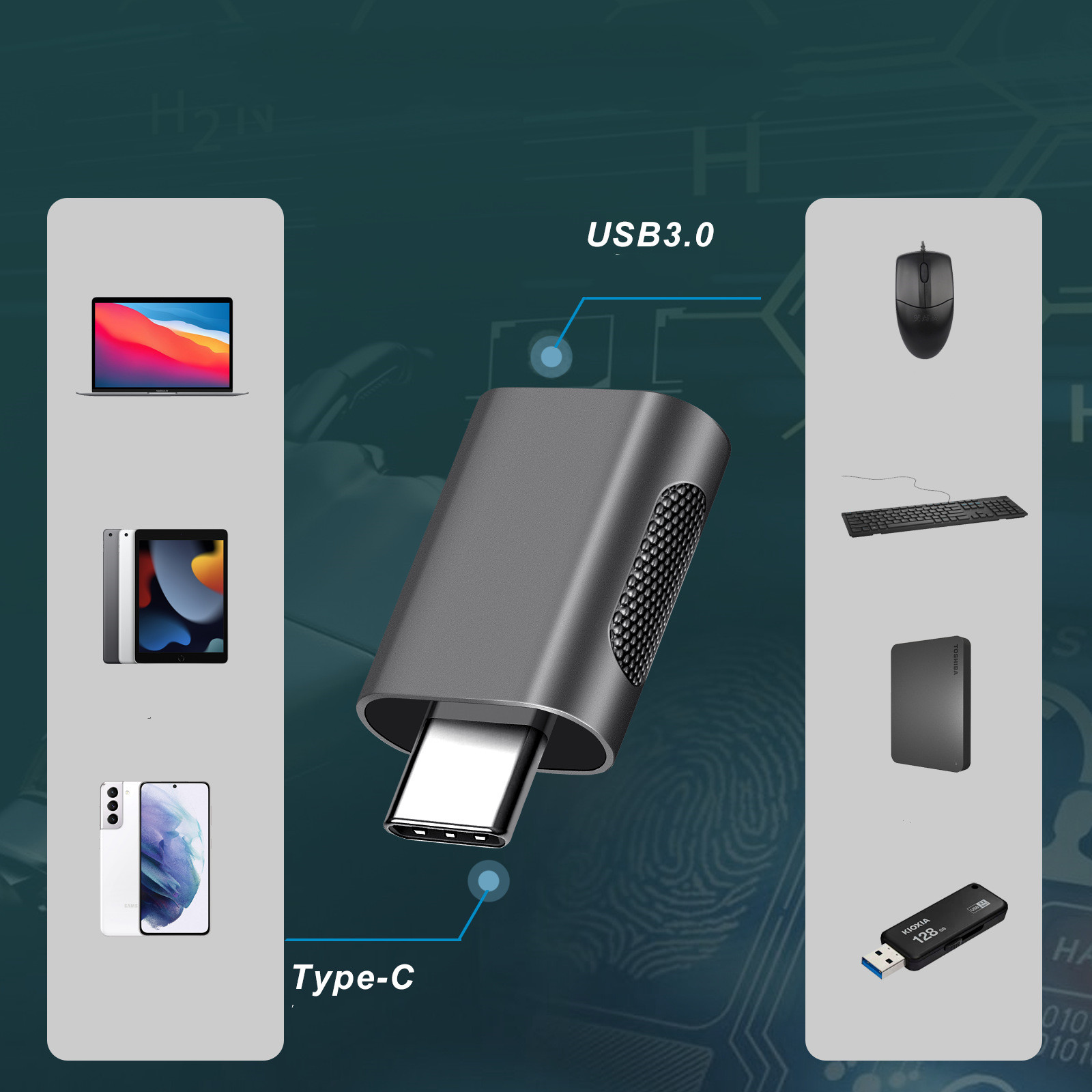 Silberner USB-C-Adapter mit Geräten: Laptop, Tablet, Telefon, Maus, Tastatur, Festplatte und USB-Stick.