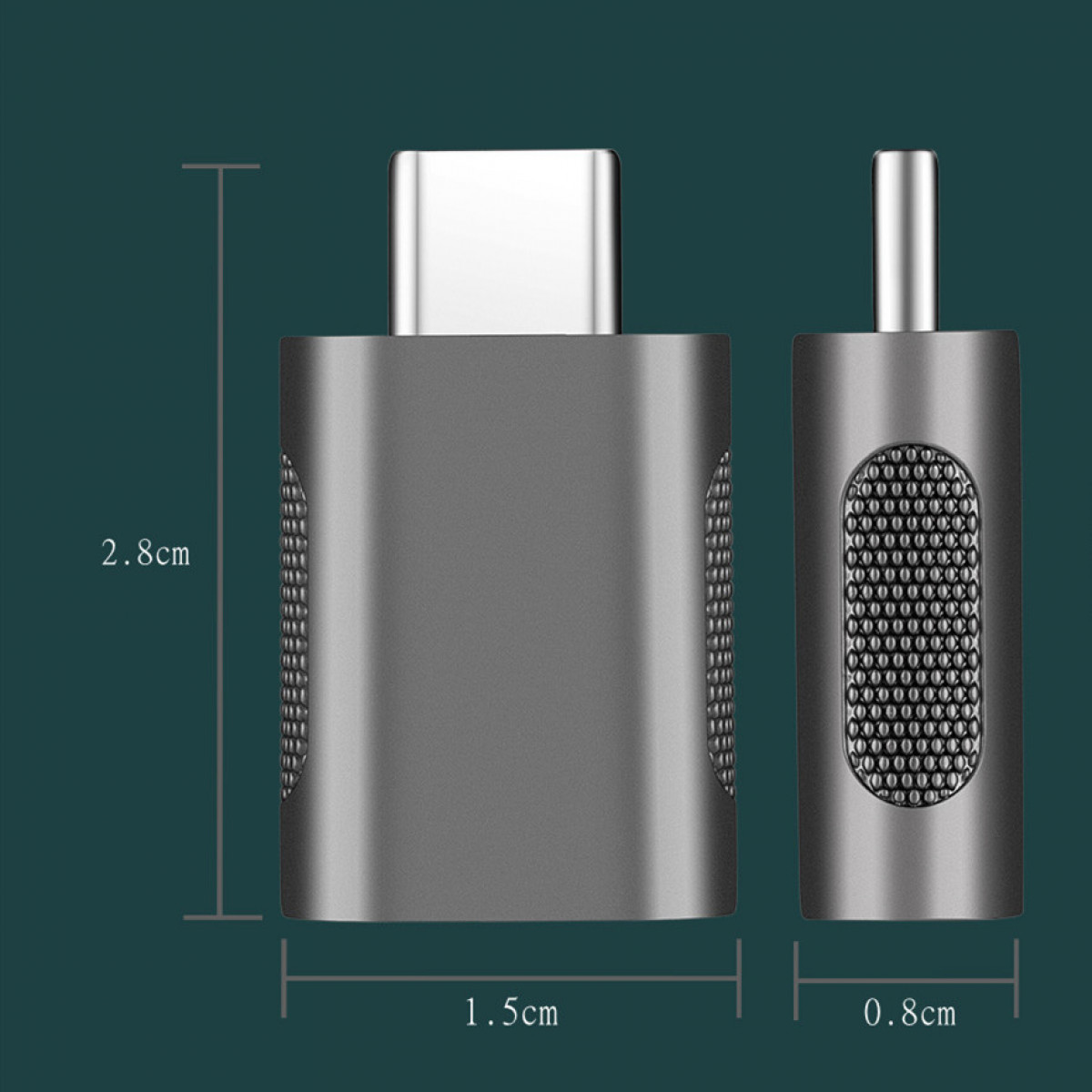 Silberner Adapter mit USB-C- und Standard-USB-Anschlüssen, Abmessungen beschriftet.