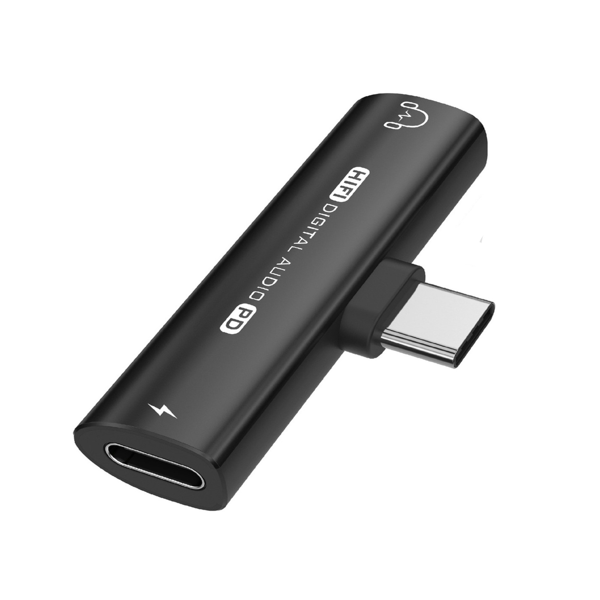 Zwarte HiFi digitale audio-adapter met een USB-C-connector en een koptelefoonaansluiting.
