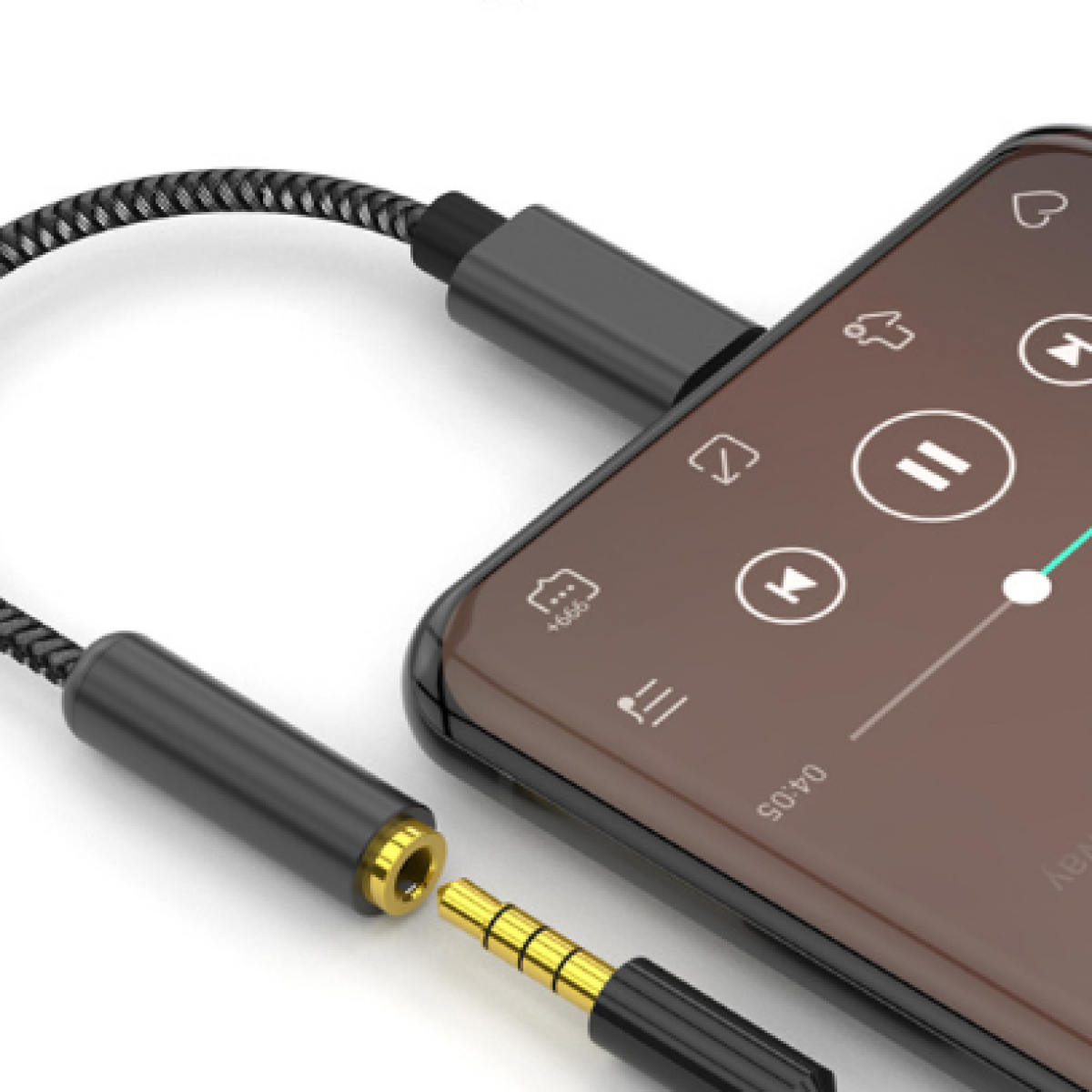 Schwarz-goldener Audioanschluss, verbunden mit einem Telefon, das Musik abspielt.