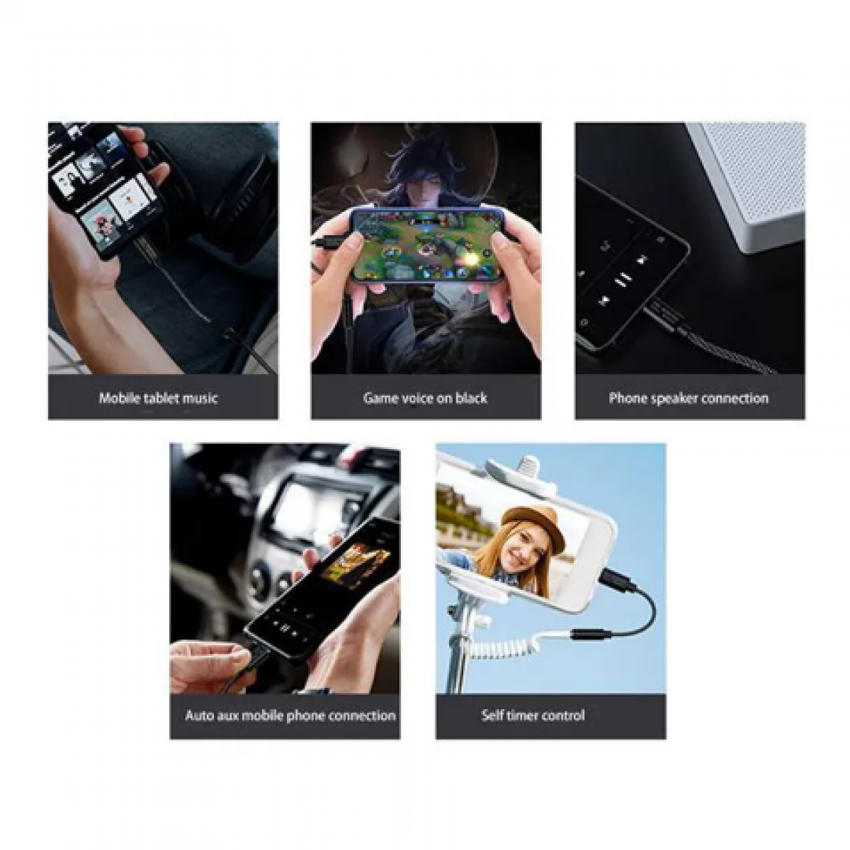 Bilder von Telefonen, die mit verschiedenen Geräten verbunden sind: Musik, Spiele, Lautsprecher, Aux und Selfie-Stick.