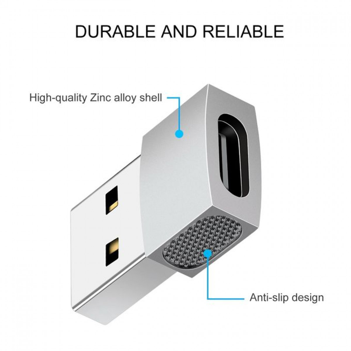 Srebrna pamięć USB z oznaczonymi cechami na białym tle.