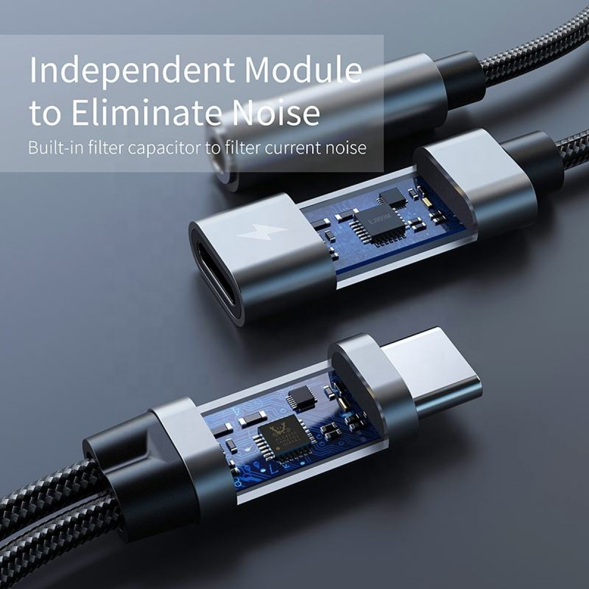 Zwei USB-C-Kabel mit transparenten Abschnitten, die die internen Komponenten zeigen. Schwarzer Hintergrund.