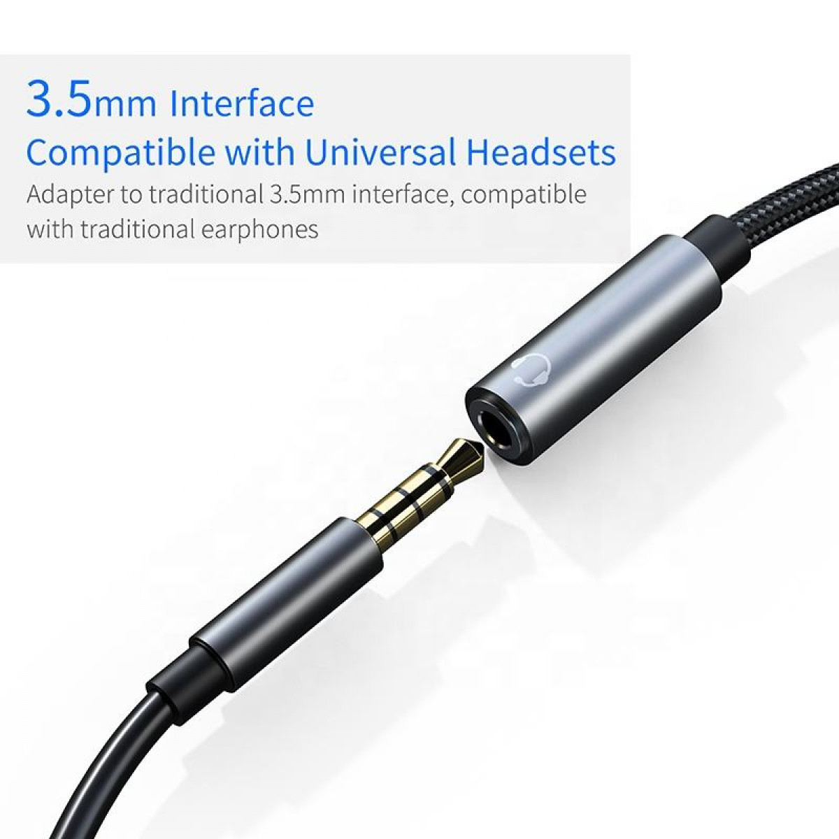 3,5-mm-Audio-Klinkenadapter. Ein Ende ist eingesteckt. Schwarzes Kabel.