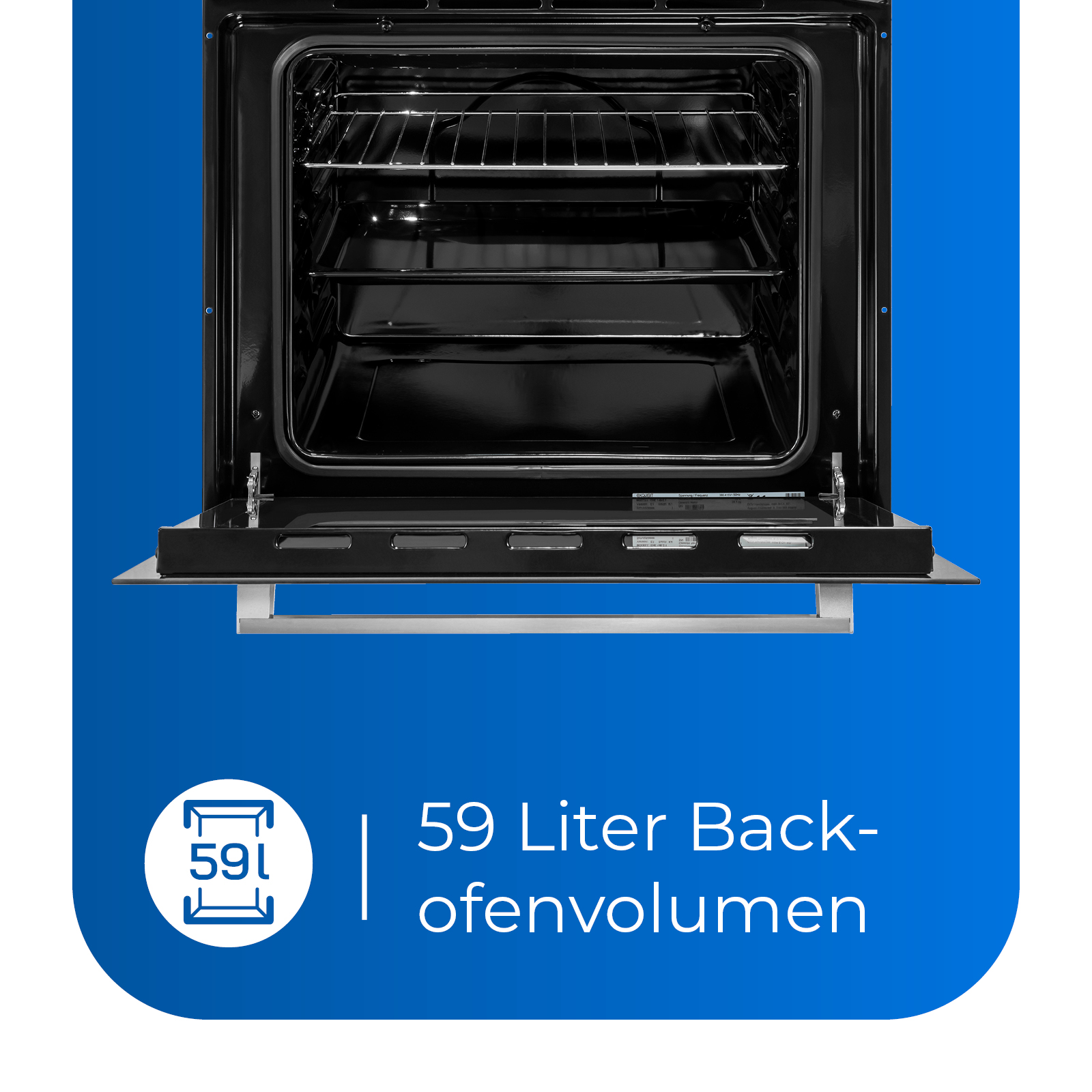 Backofeninnenraum mit offener Tür. Der Ofen ist schwarz und hat ein blaues Schild mit 59 Liter Backofenvolumen.