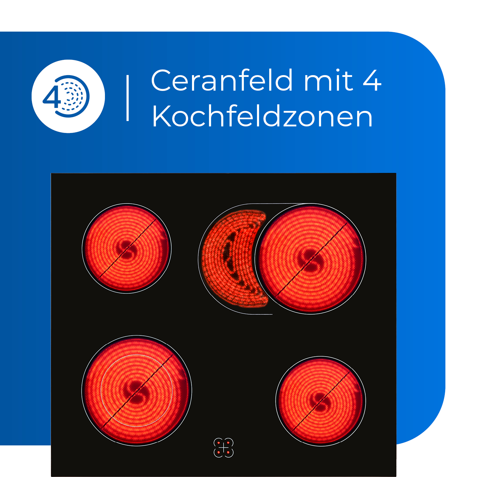Schwarzes Elektrokochfeld mit vier roten Heizelementen. Text zeigt 'Ceranfeld mit 4 Kochfeldzonen'.