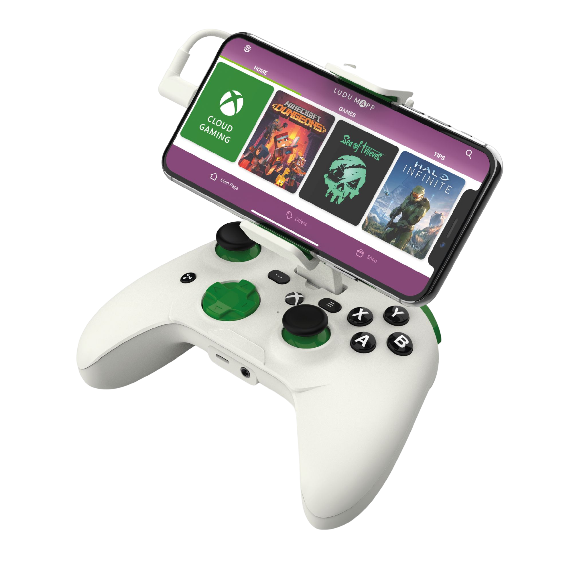 Weiß-grüner Gamecontroller mit befestigtem Telefon, das eine Spiele-App zeigt.