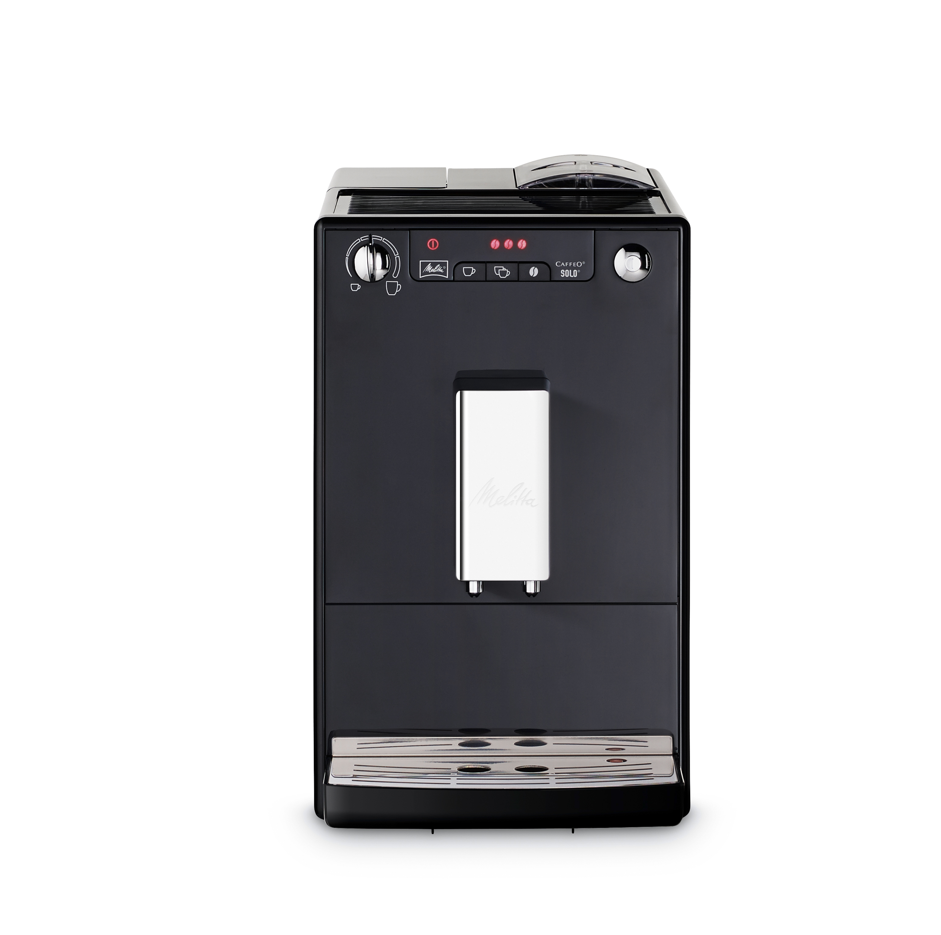 Czarny ekspres do kawy z białymi detalami na białym tle.