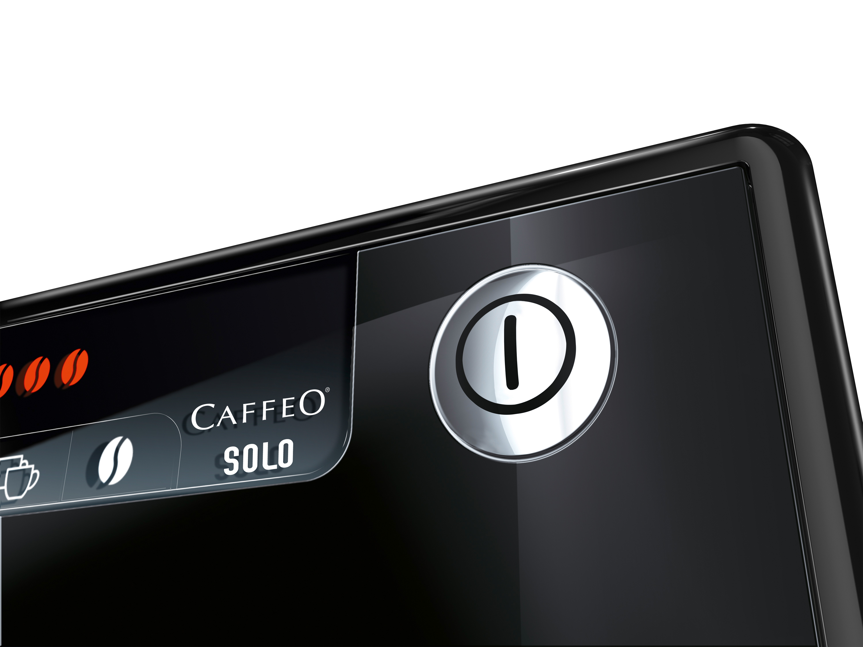 Zbliżenie czarnego ekspresu do kawy. Widoczny przycisk zasilania. 'Caffeo Solo' jest w rogu.