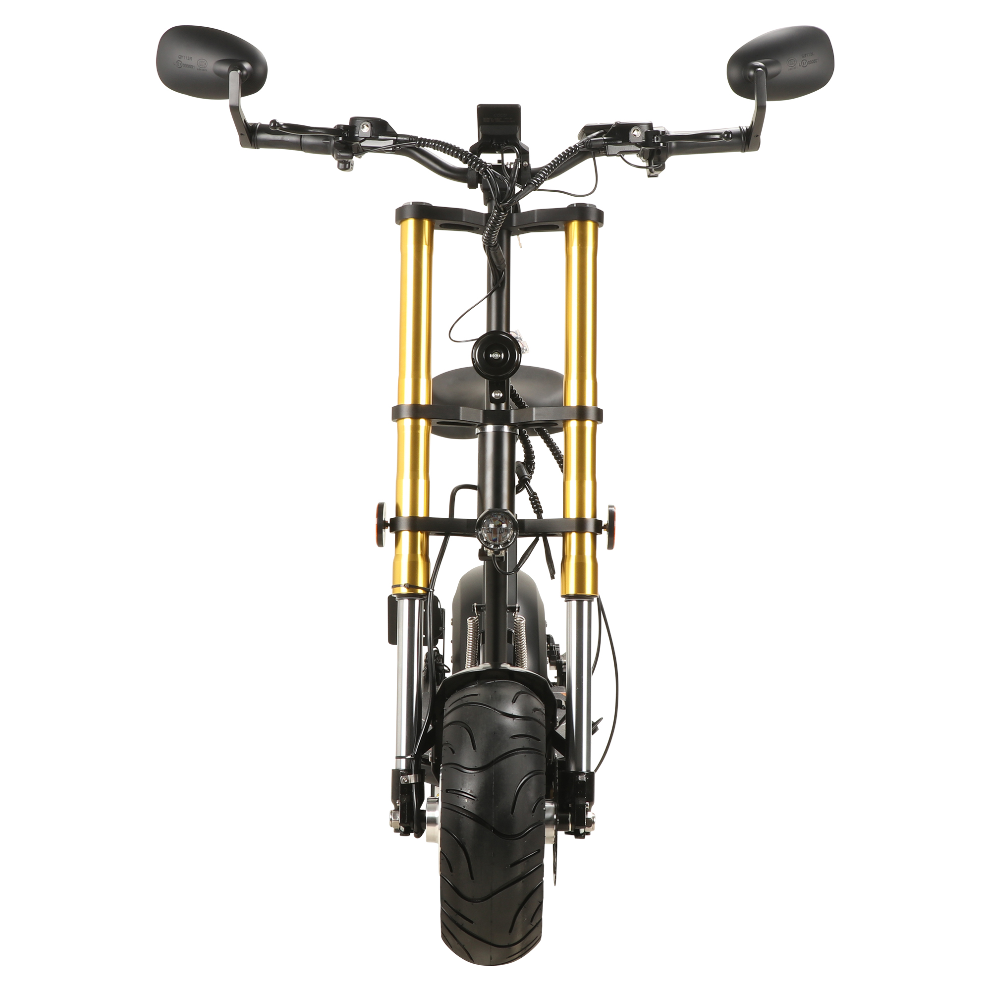 Schwarzes Motorrad von vorne mit goldener Federung. Zwei Spiegel sind am Lenker.