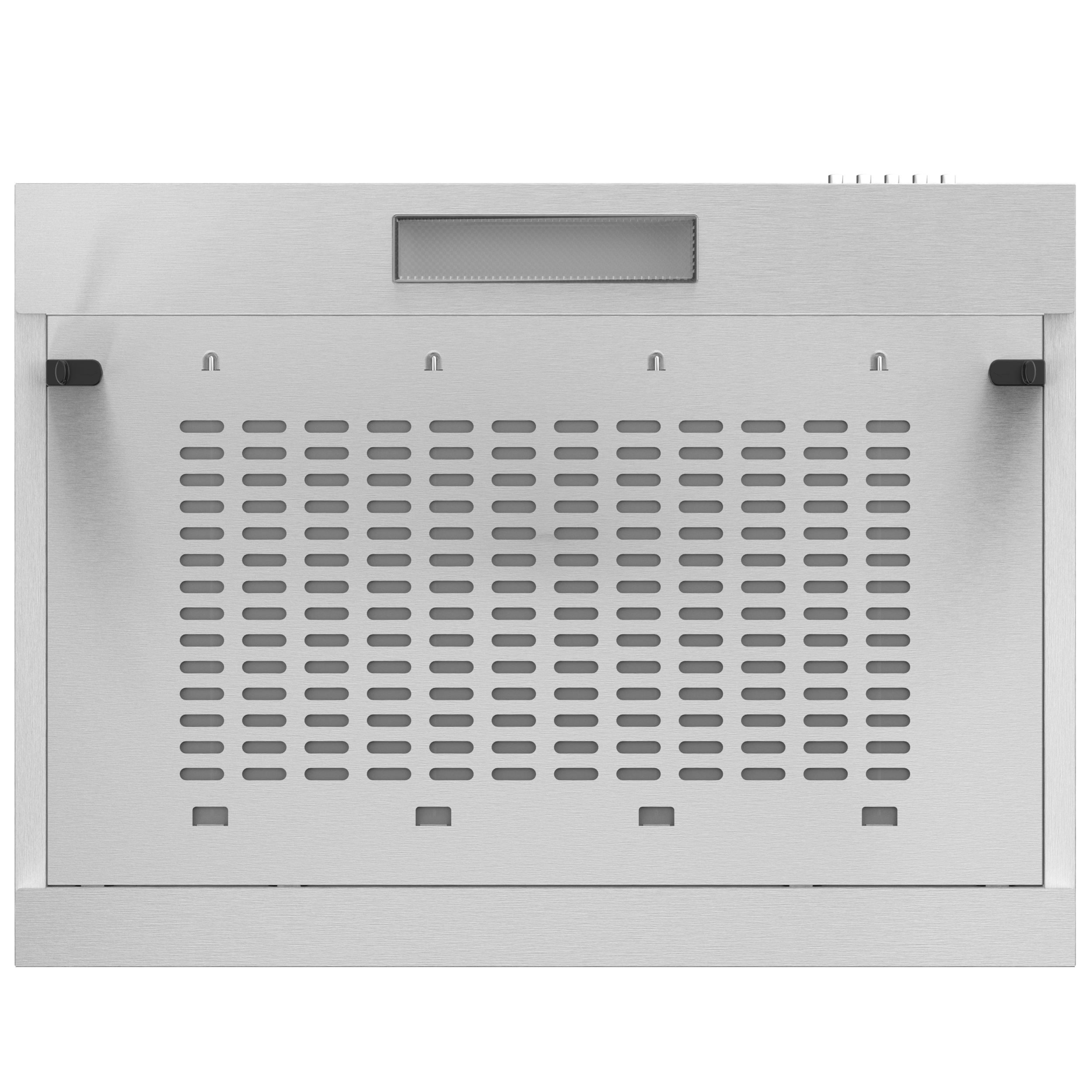 Top view of a stainless steel range hood with a rectangular vent and control panel.