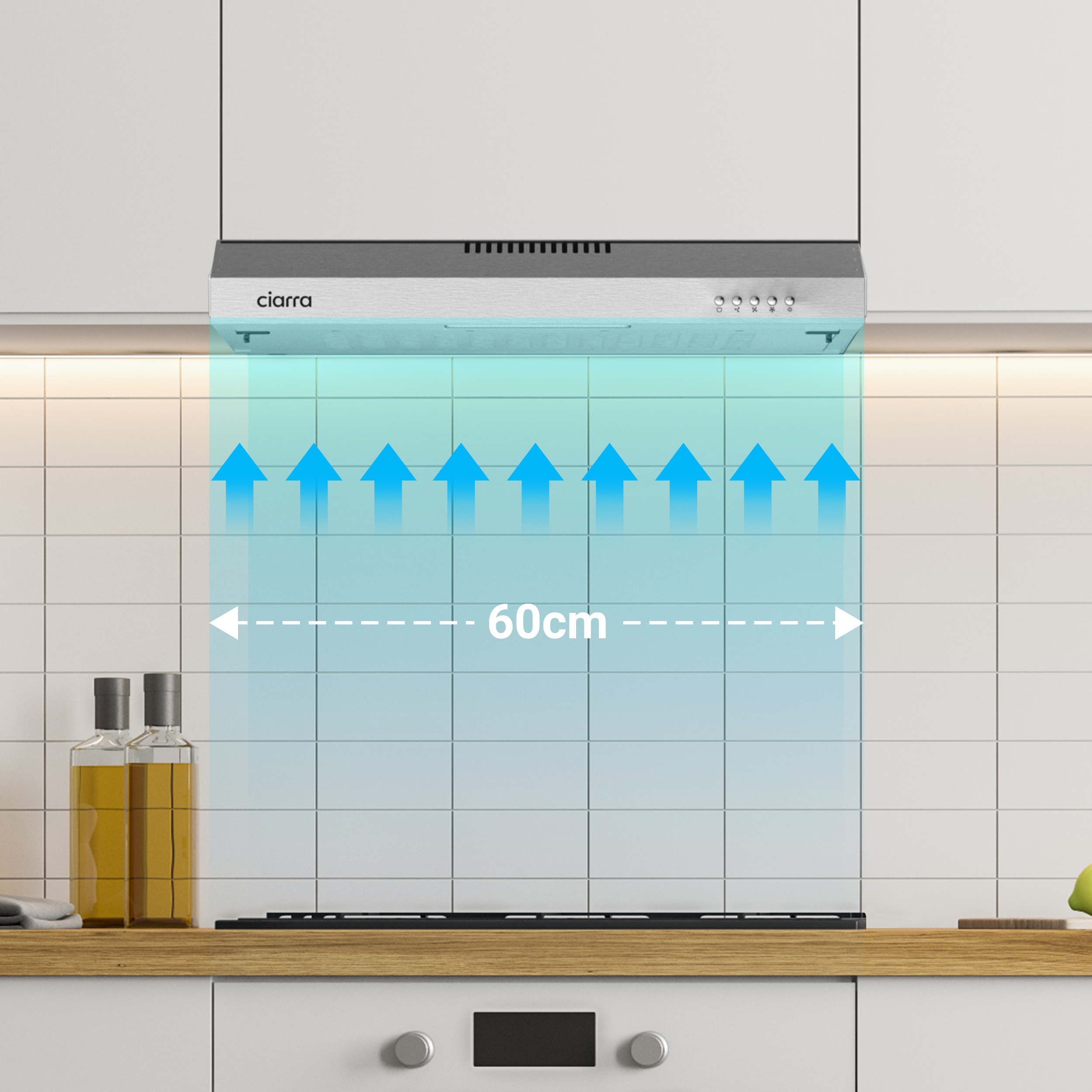 Keuken met een afzuigkap en pijlen die de luchtstroom aangeven.