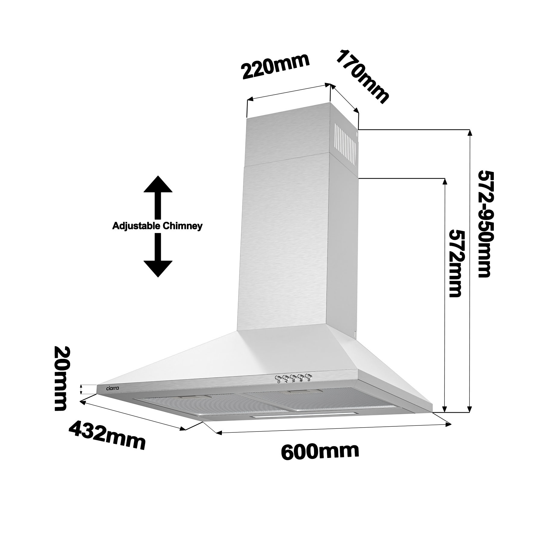 Zilveren afzuigkap met afmetingen in millimeters. Witte achtergrond.