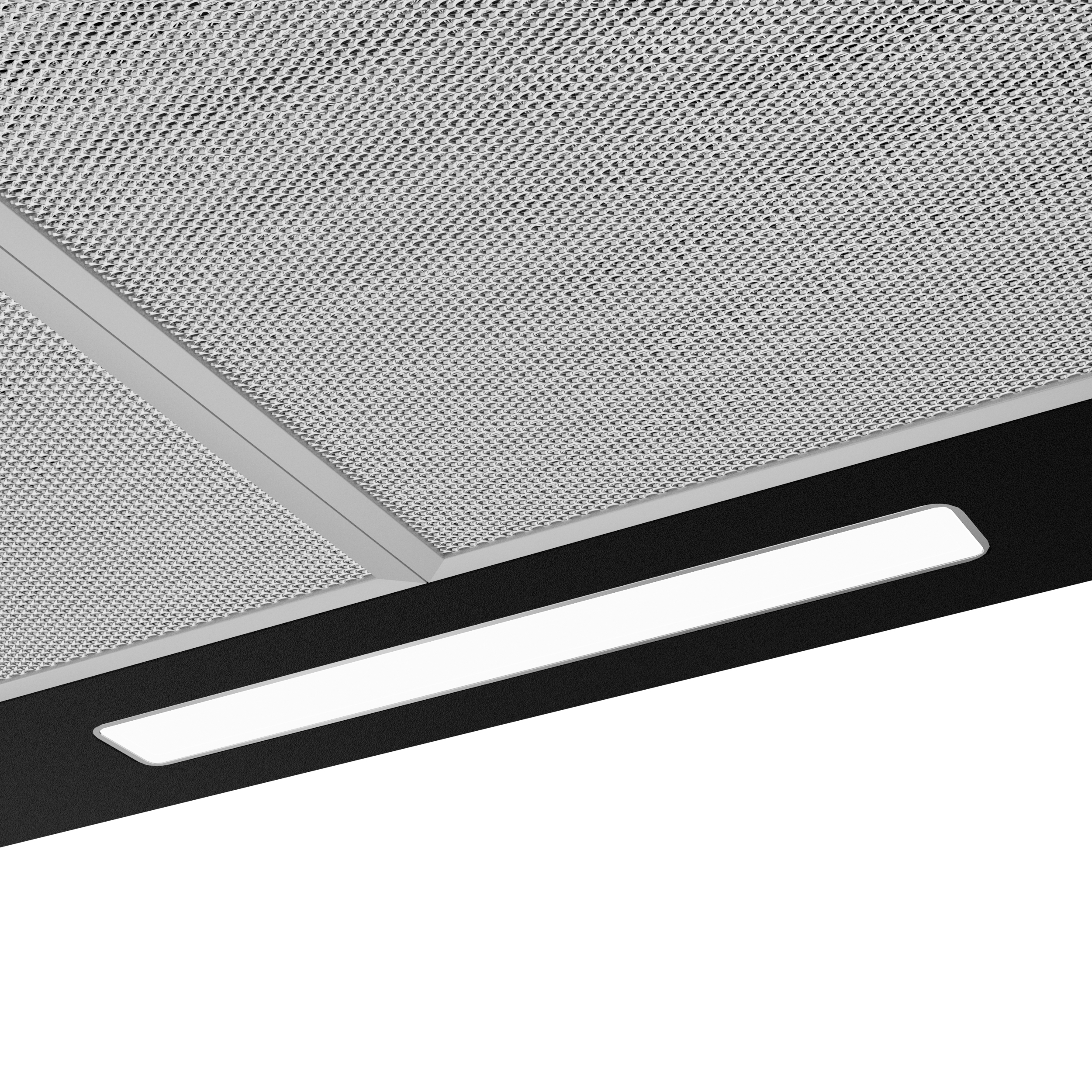 Onderkant van een afzuigkap met een metalen gaasfilter en een lange witte lichtstrip.